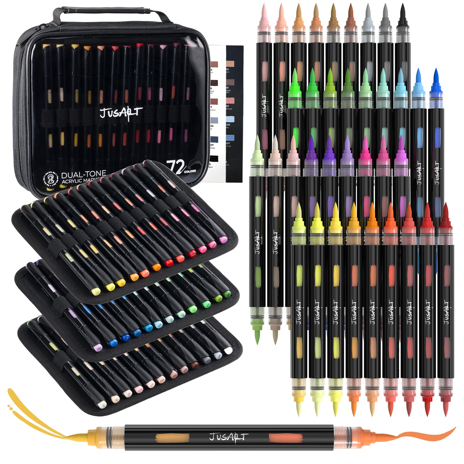 JusArt Acrylic Paint Markers 72 Colors, 36 Dual-Tip Brush Markers, No Bleed