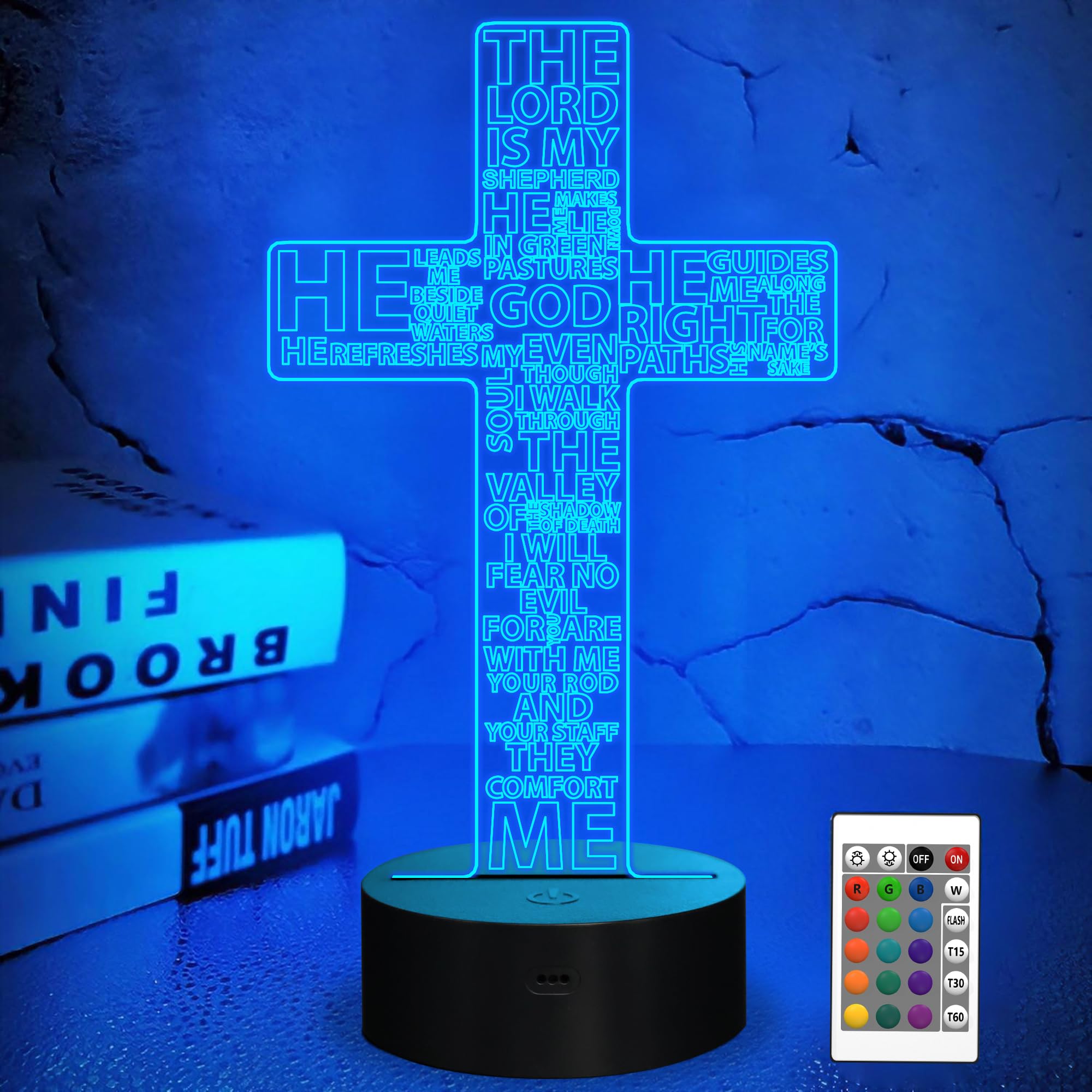 FULLOSUN Jesus Cross 3D Night Light, Christ Optical Illusion Lights 16 Colors Change with Remote Control, The Lord Desk Lamps Room Home Decor Xmas Birthday Easter Gifts