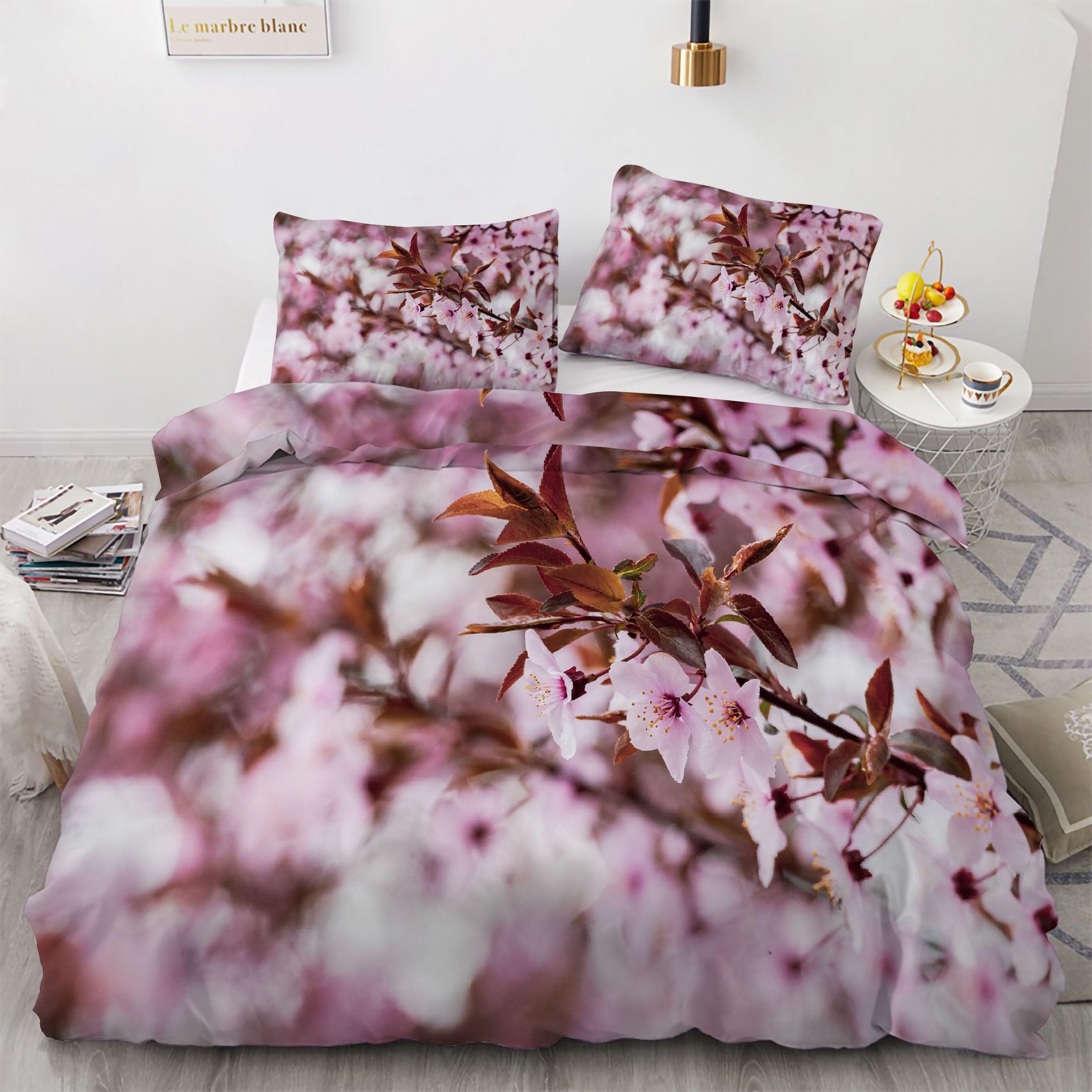 Housse de Couette 200x200 Fleur de Pêche avec 2 Taies d'Oreiller