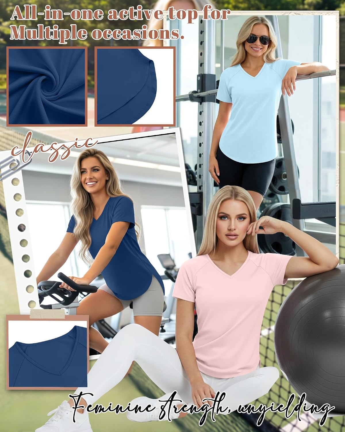 5 Pack Women Workout T-Shirts Quick Dry UPF 50+ Sun Protection Yoga Gym V Neck Raglan Tops Side Slits Curved Hem