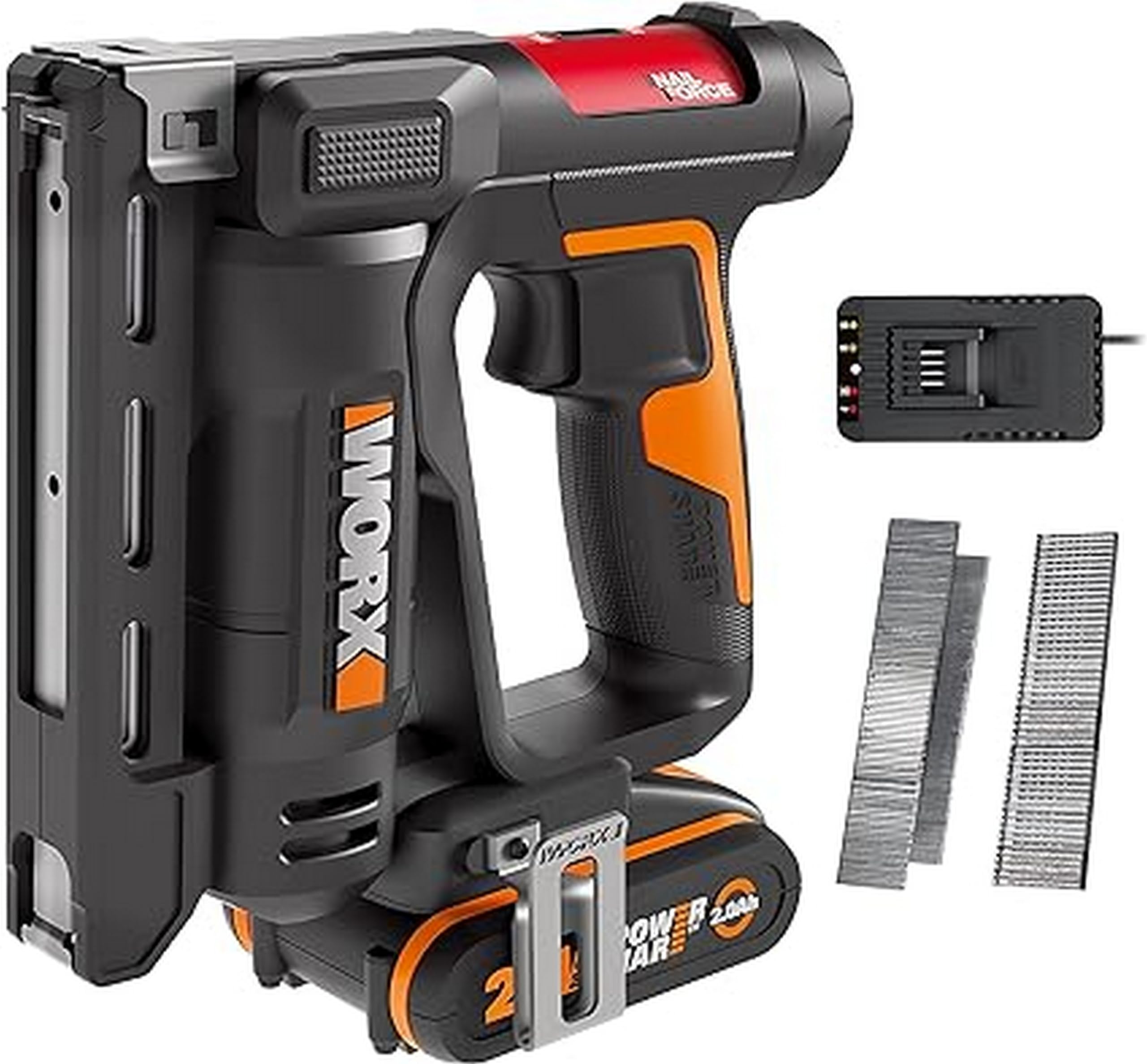 WORX Agrafeuse et Cloueuse de Finition sans Fil 20V WX843, 2 en 1, Jusqu'à 60 Clous/min, Réglage de la Pronfondeur Sans Outil, Livrée avec Batterie, Chargeur, 500 Clous et 500 Agrafes