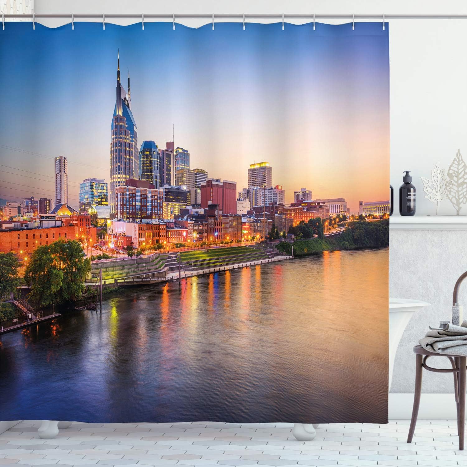 Ambesonne United States Shower Curtain, Cumberland River Nashville Tennessee Evening Architecture Destination, Cloth Fabric Bathroom Decor Set with Hooks, 69" W x 75" L, Multicolor
