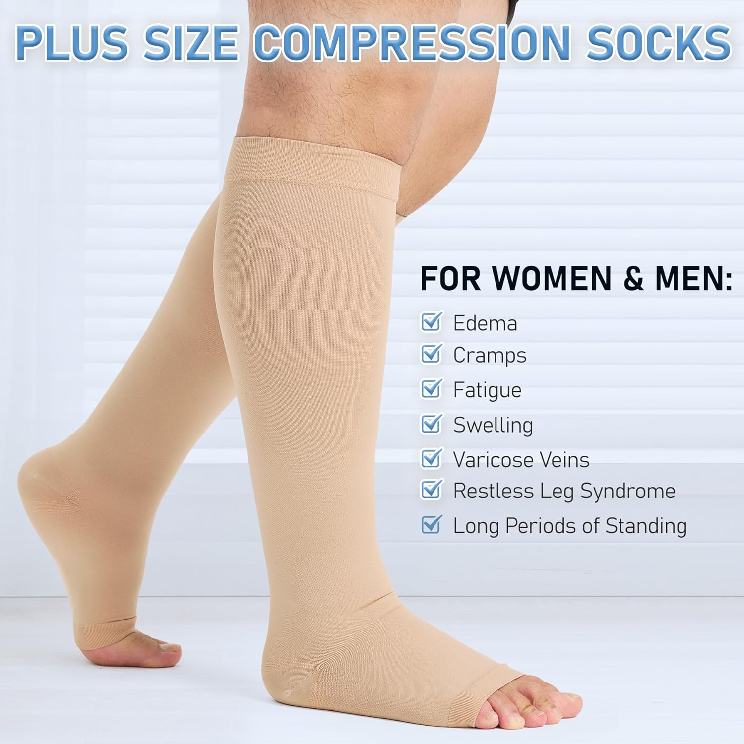 KEKING® Extra Wide Calf Compression Socks for Men & Women, 20-30 mmHg Compression Stockings Open Toe - Plus Size Knee High Support Hose for Varicose Veins, Pain Relief, Swelling, Beige XL - Image 6