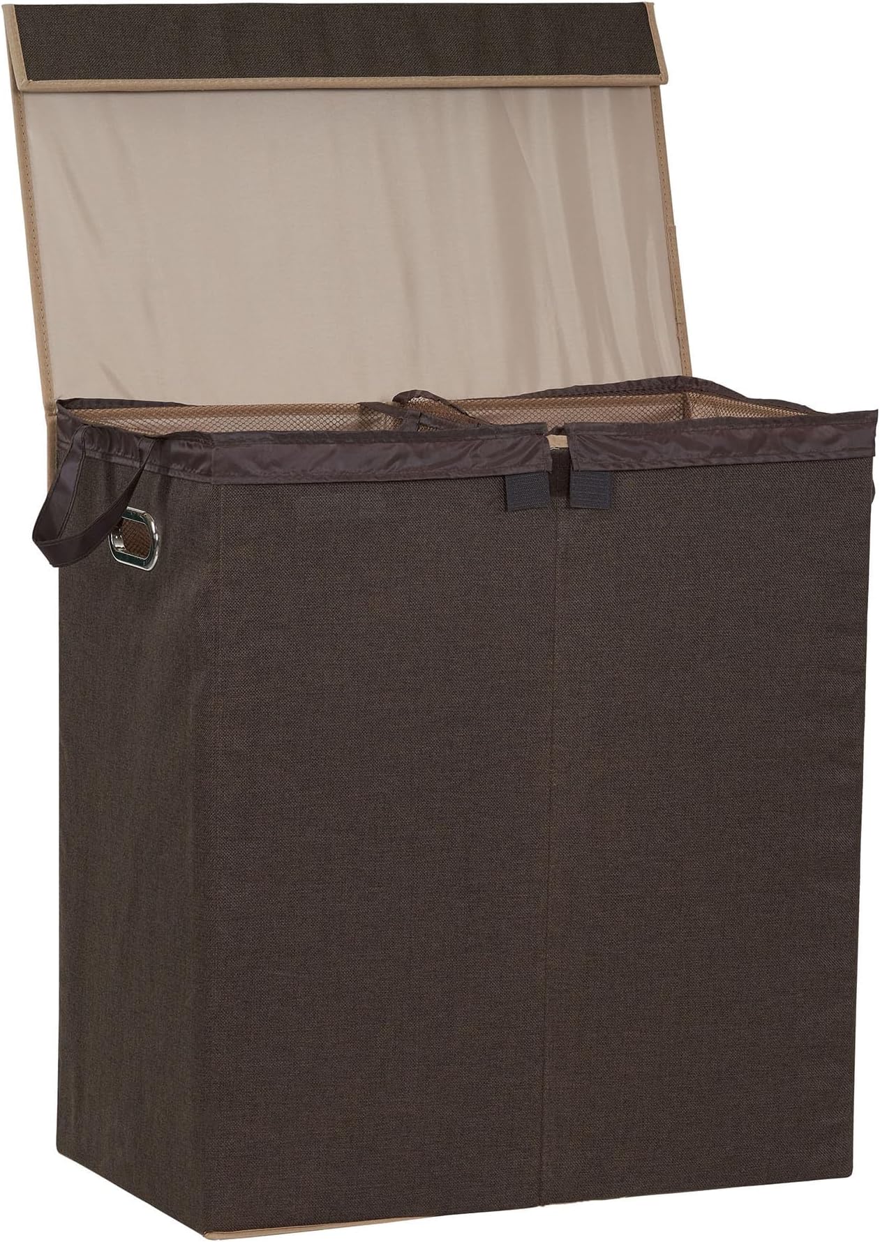 Household Essentials Double Laundry Hamper with Lid, Two Compartments for Easy Sorting with Removable Liner, Collapsible, Brown Linen 5614