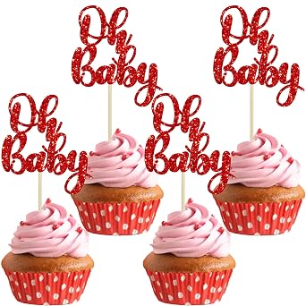 Gyufise 36Pcs Oh Baby Cupcake Toppers Glitter Baby Shower Cupcake Picks for Gender Reveal Baby Shower Kids Boys Girls Birthday Party Cake Decorations Supplies Red