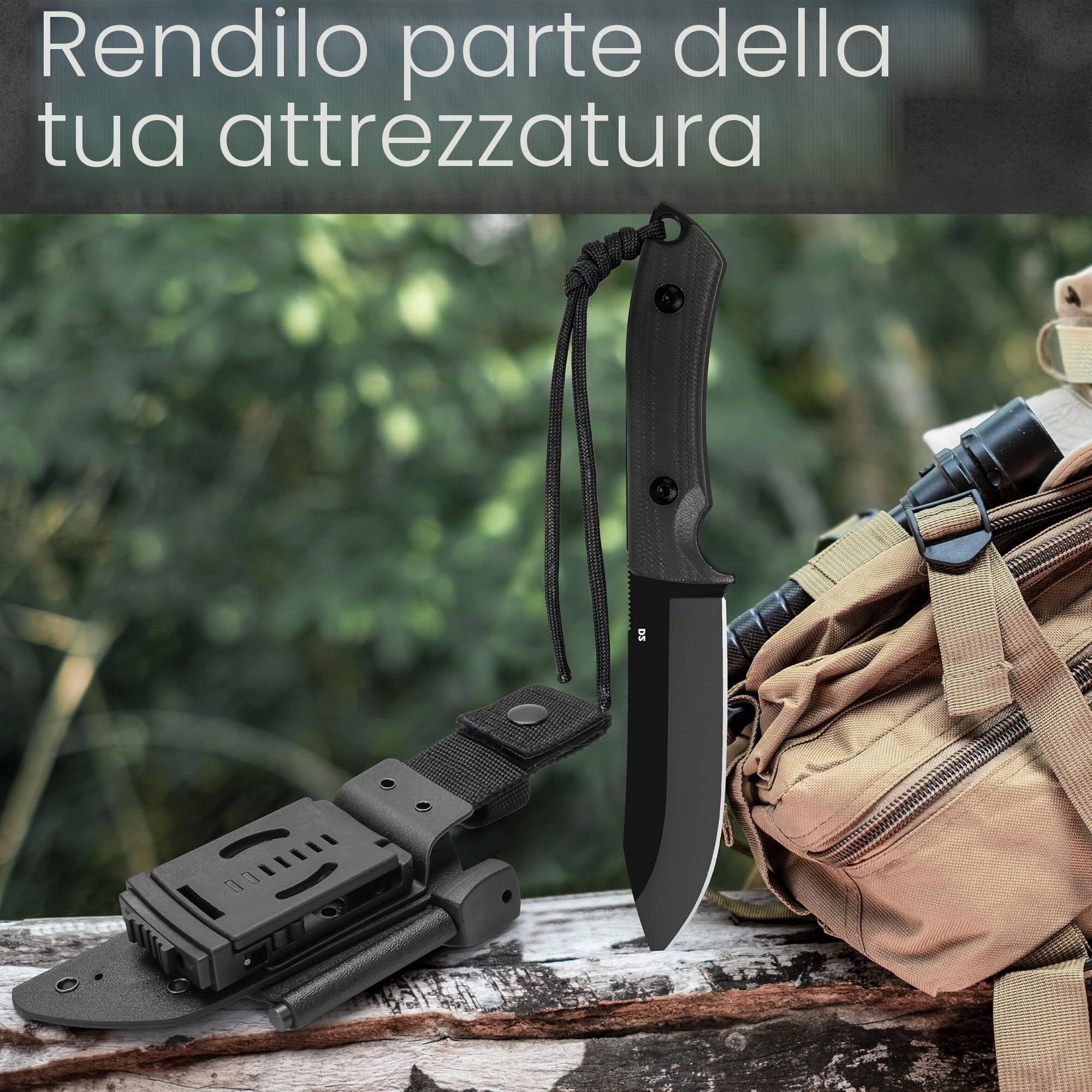 GREIFS® Coltello da esterno in acciaio D2 con fondina Kydex e acciarino, elegante coltello di sopravvivenza per attrezzature Bushcraft, coltello da caccia, coltello da intaglio (Milan/nero)