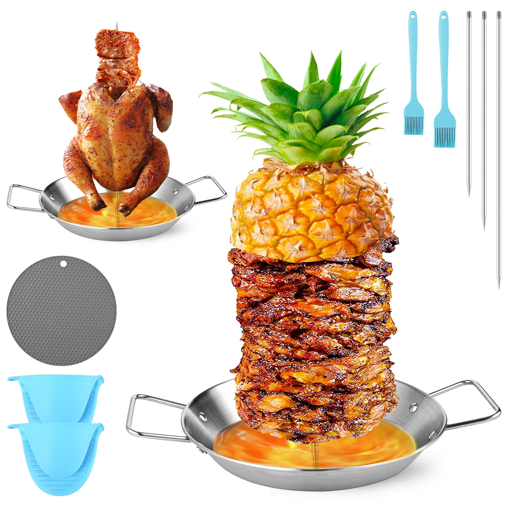 10 Inch Al Pastor Skewer for Grill, Stainless Steel Vertical Skewer Pan Vertical Rotisserie with 3 Removable Barbecue Skewers (8" 10" 12") Gloves and Mat for Tacos Al Pastor Shawarma Grill Oven Smoker