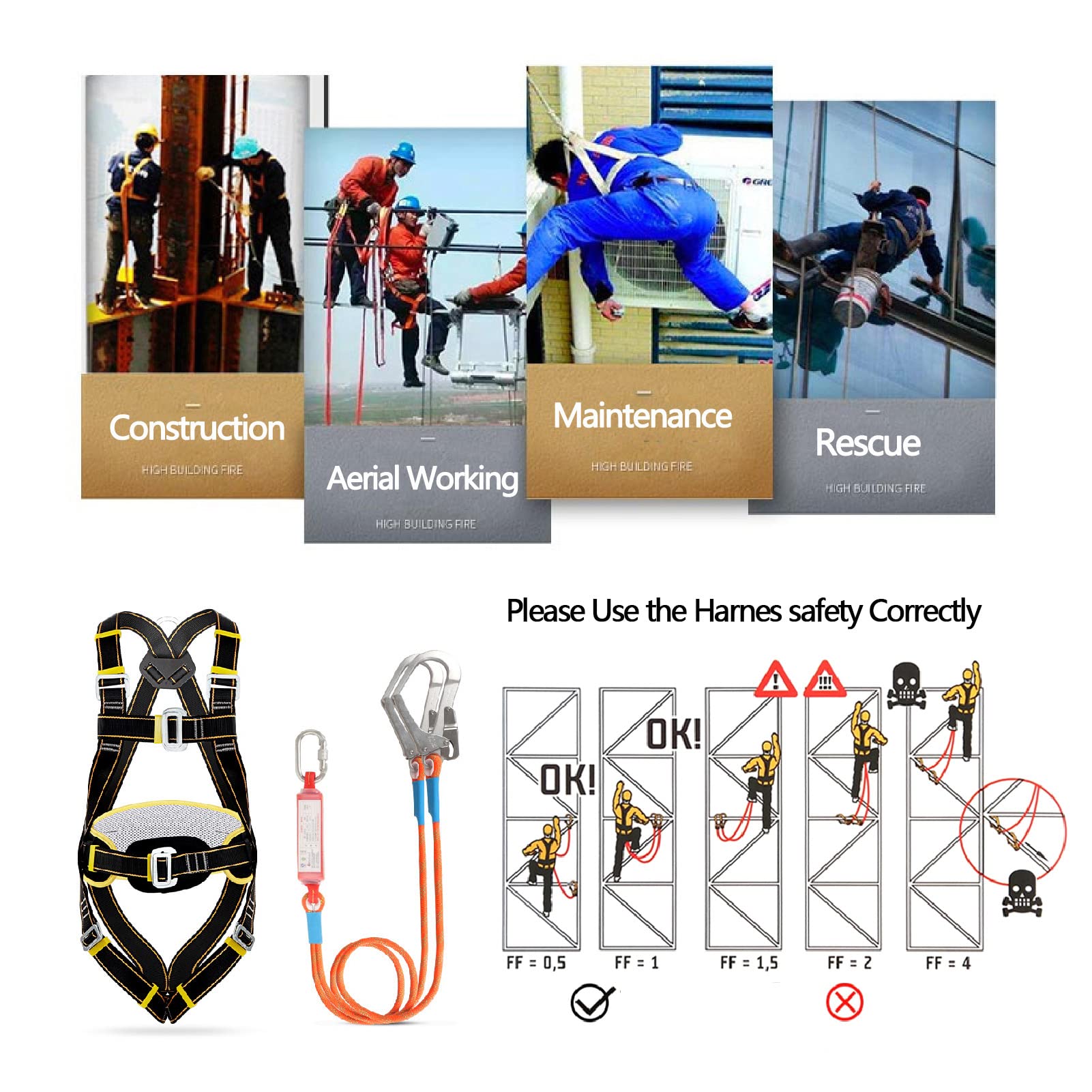 SwaYve Arnés de Seguridad para Trabajos en Altura, Cinturón de Seguridad para Trabajos Aéreos de Cuerpo Completo con Gancho, Kit de Detención de Caídas con Arnés de Seguridad
