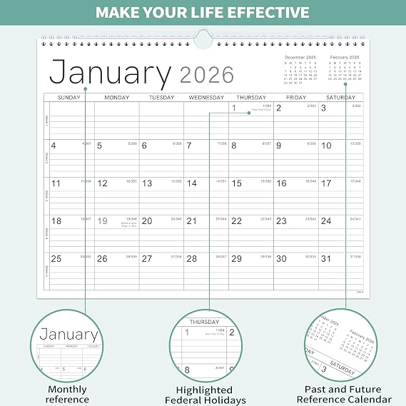 2026 Wall Calendar - 2026 Calendar from Jan. 2026 - Dec. 2026, 14.6 x 11.4, 12 Months Wall Calendar 2026, Thick Paper, Twin-Wire Binding, Simple Design