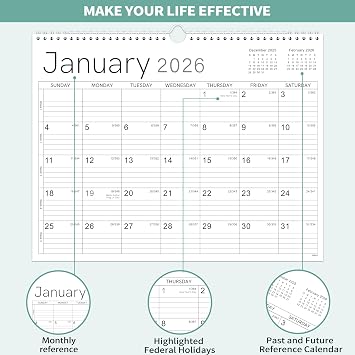 2026 Wall Calendar - 2026 Calendar from Jan. 2026 - Dec. 2026, 14.6 x 11.4, 12 Months Wall Calendar 2026, Thick Paper, Twin-Wire Binding, Simple Design