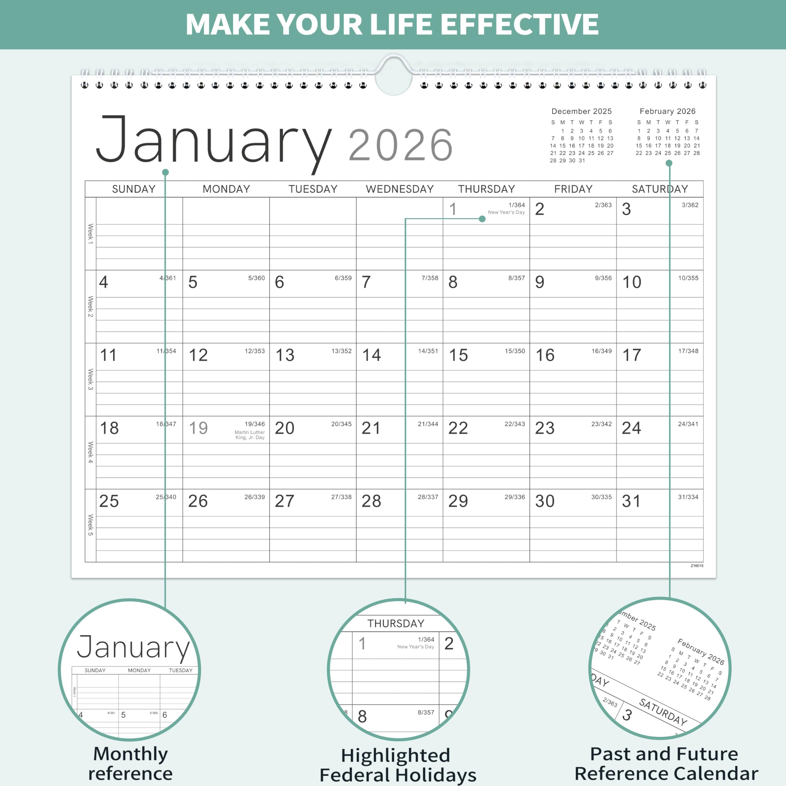 Wandkalender 2026 - Kalender 2026 von Jan. 2026 - Dez. 2026, 37,1 x 29,0 cm, 12 Monate Wandkalender 2026, dickes Papier, Doppeldrahtbindung, schlichtes Design