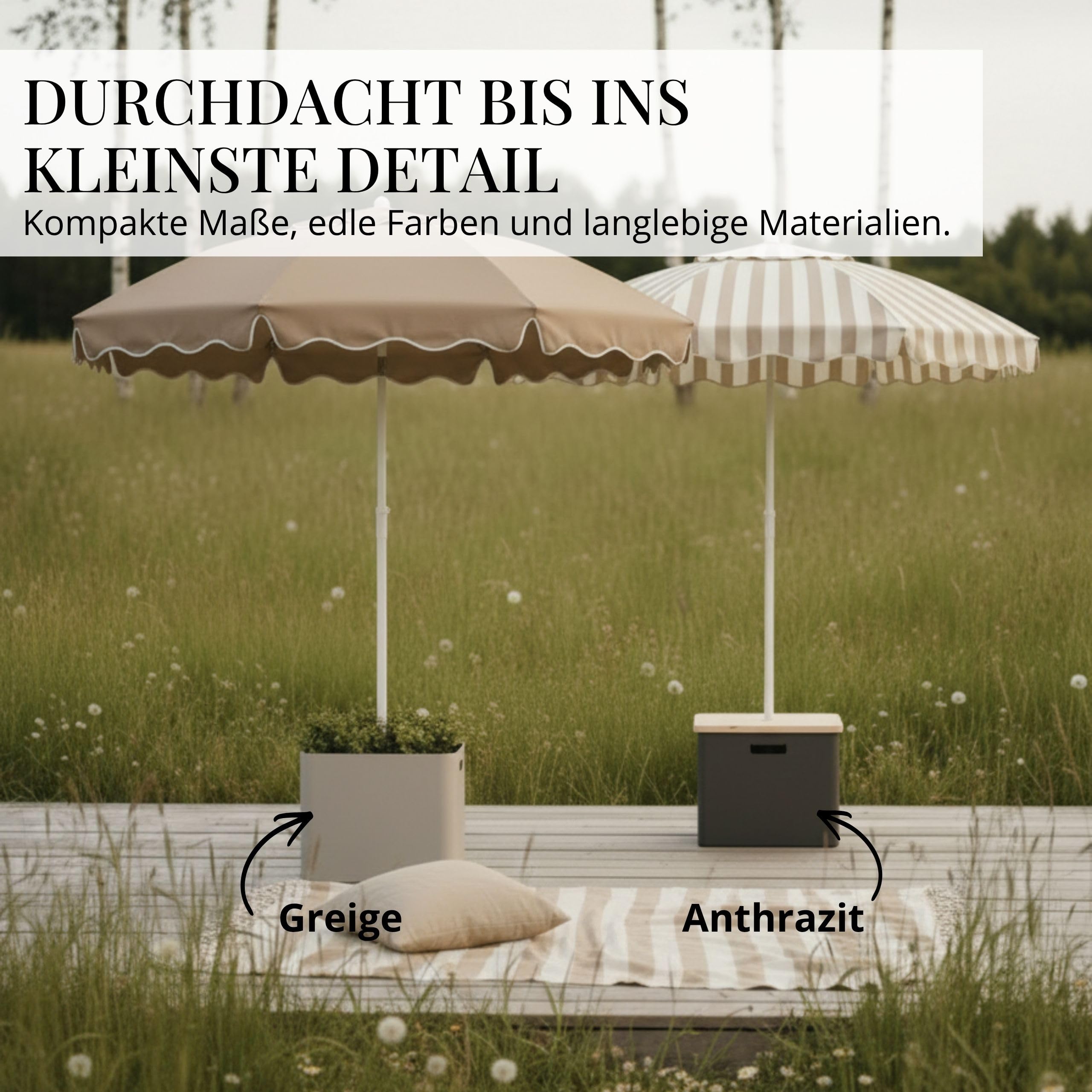 Livlig53 LIVLIG Sonnenschirmständer mit Rollen – 2in1 Schirmständer fahrbar, Pflanzgefäß & Sonnenschutz, 100% Edelstahl, befüllbar bis 39L, für Sonnenschirme bis Ø 250 cm, Greige