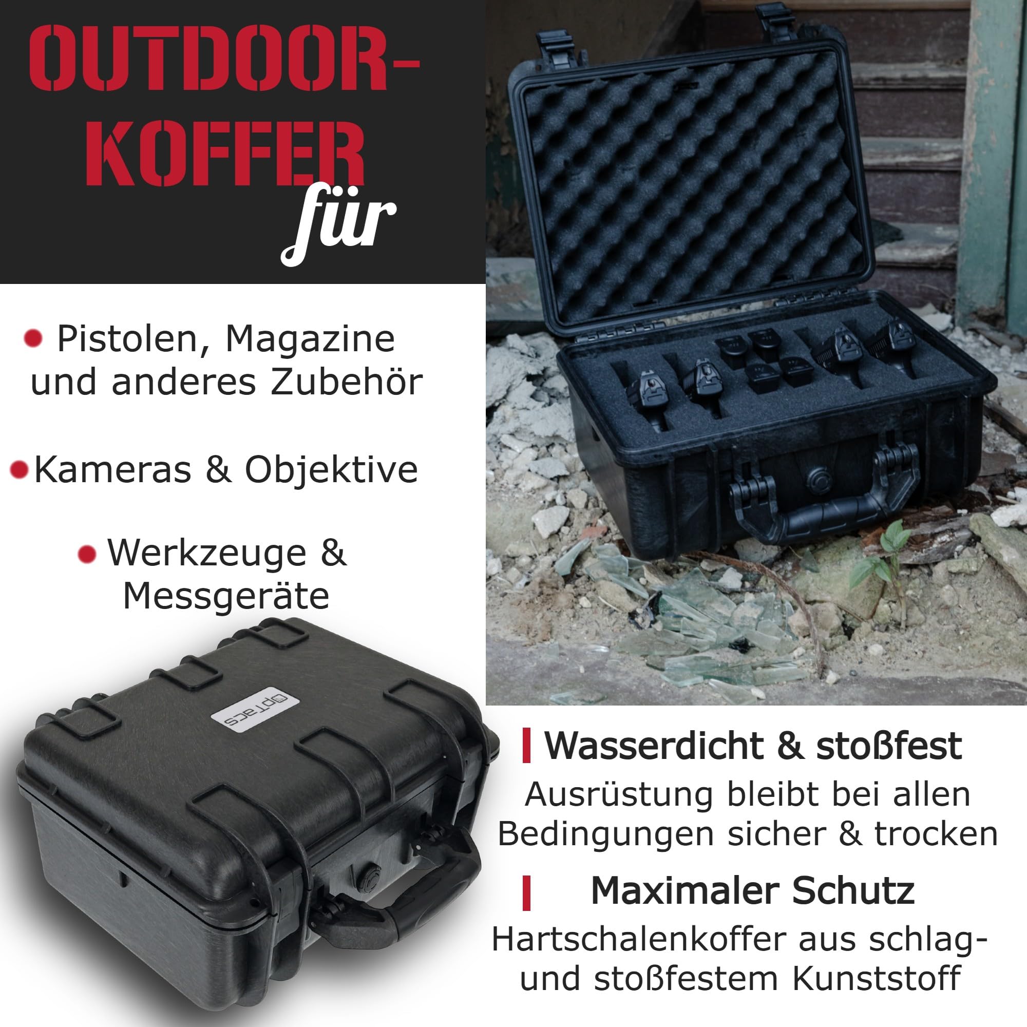 OpTacs Hartschalenkoffer wasserdicht für Pistolen und Zubehör 41x34,2x20,4cm – Stoßfest, Staubdicht, mit anpassbarem Rasterschaumstoff, abschließbar, ideal für Kurzwaffen