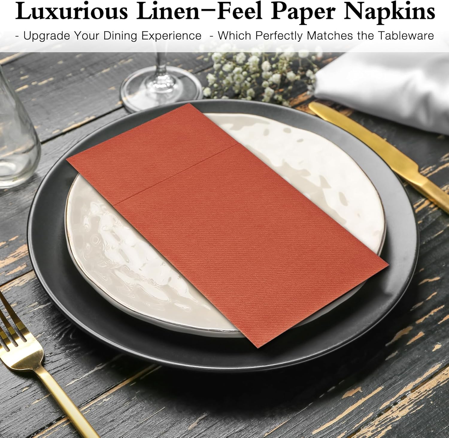 Terracotta Disposable Napkins with Built-in Flatware Pocket, Linen Feel Prefolded Dinner Napkins for Weddings, Parties, Thanksgiving, Evening Events, 100 Pack