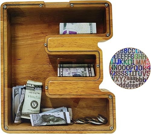 Miniatura 235 de Alcancía para niños y niñas, alcancía grande de madera personalizada con diseño recortado, bancos de monedas con letras del alfabeto, caja de ahorro