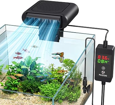 PAIZOO Aquarium Chiller Fan, Ultra-Quiet Fish Tank Fan with Probe and Timer | LED Real Time Temp Display, 3 Speed Modes with 0-24H Timer Cooler for 2-10Gal Axolotl, Freshwater, Seawater Tank, 26mm Clip