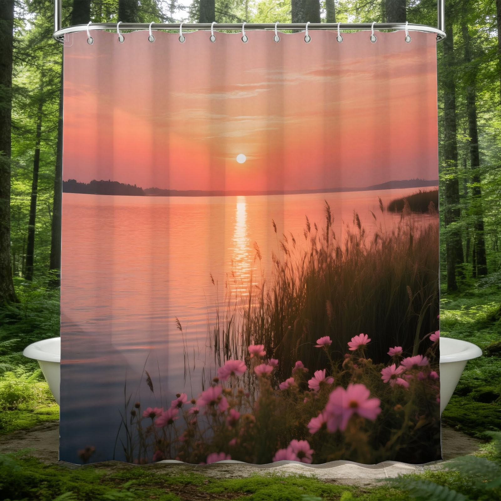 Hongduo 3D Lake Landscape Shower Curtain for Stalls Bathtubs Nature Scene Bathroom Decor Shower Curtain Set Polyester Fabric Waterproof 180x200cm/71X79 Inch with Hooks