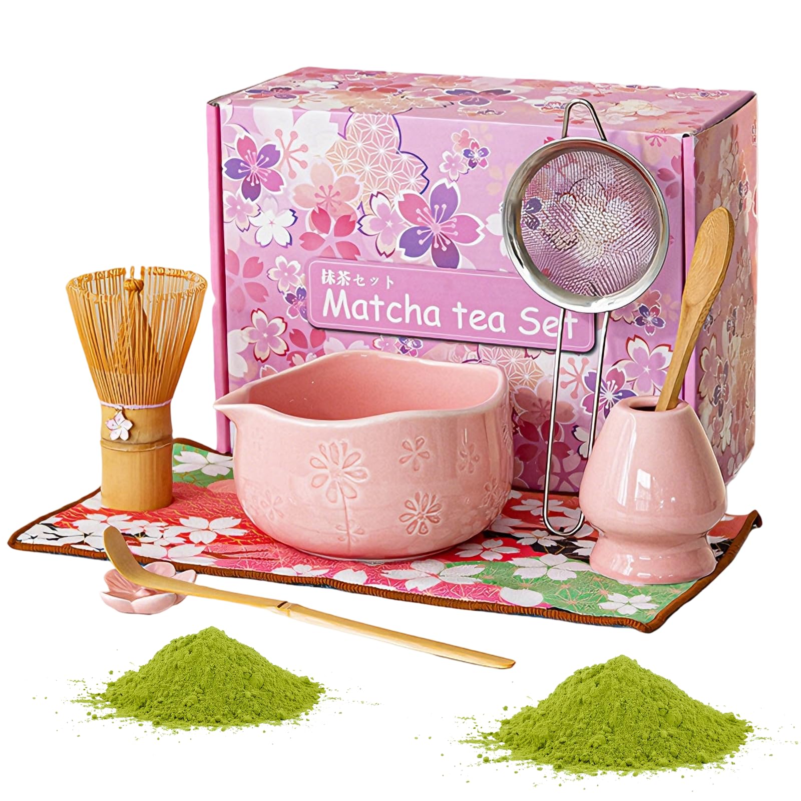 Matcha Set di 8 pezzi Macha Tea con scopa, filtro filtro, ciotola, cucchiaio, tappetino per asciugamano da tè, set regalo per la preparazione tradizionale matcha (verde) (rosa)