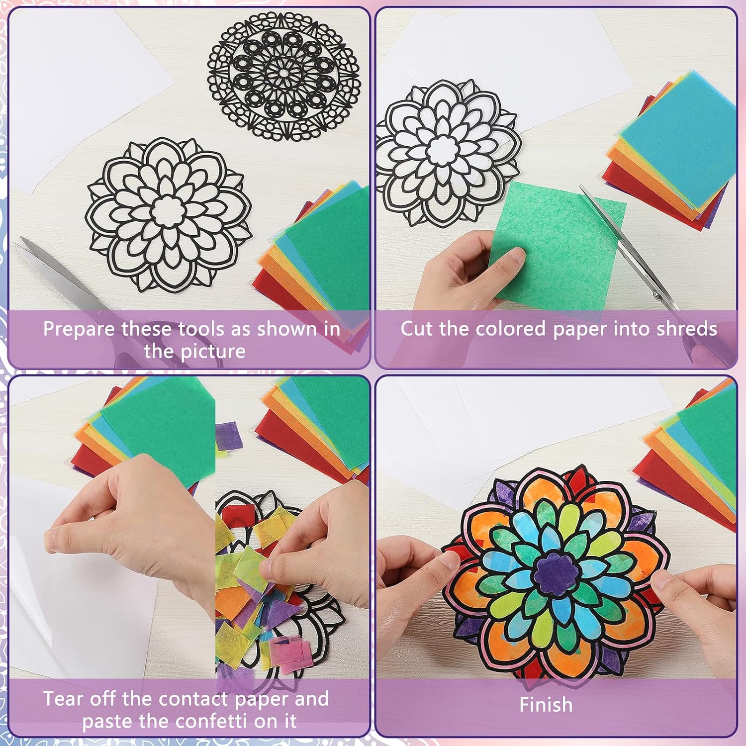 Gueevin 36 Sheet Mandala Window Clings Color Your Own Stained Glass Window Cling Arts and Crafts DIY Kit with Colorful Cotton Paper Contact Paper Crafts for Adults Kid Teen, 6 x 6 Inch