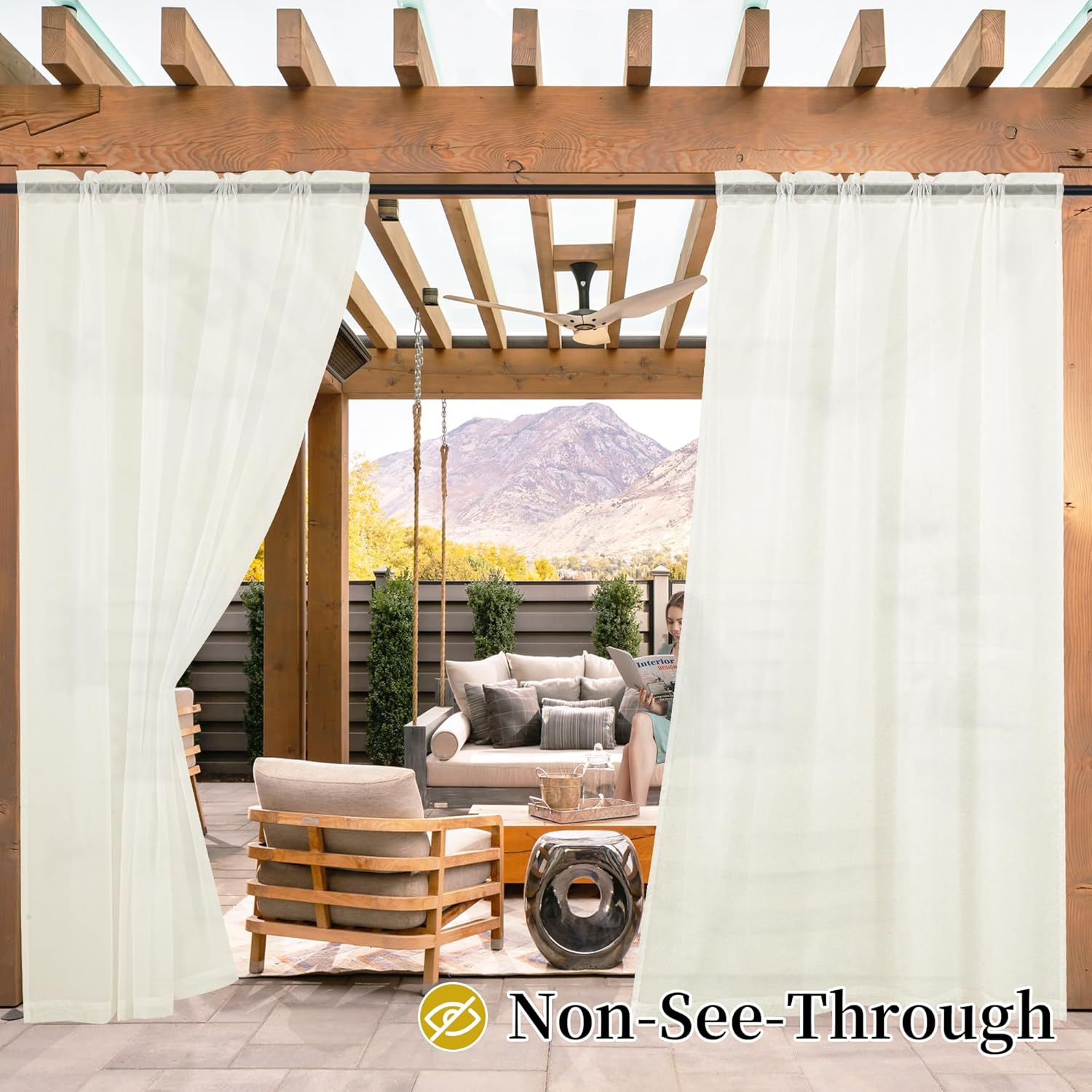 2 Panels Outdoor Sheer Curtains for Patio, Non-See-Through Ivory Privacy Curtains for Patio Waterproof, Indoor Outdoor Drapes for Gazebo Pergola Balcony Pool Spa, 52 x 108 inch