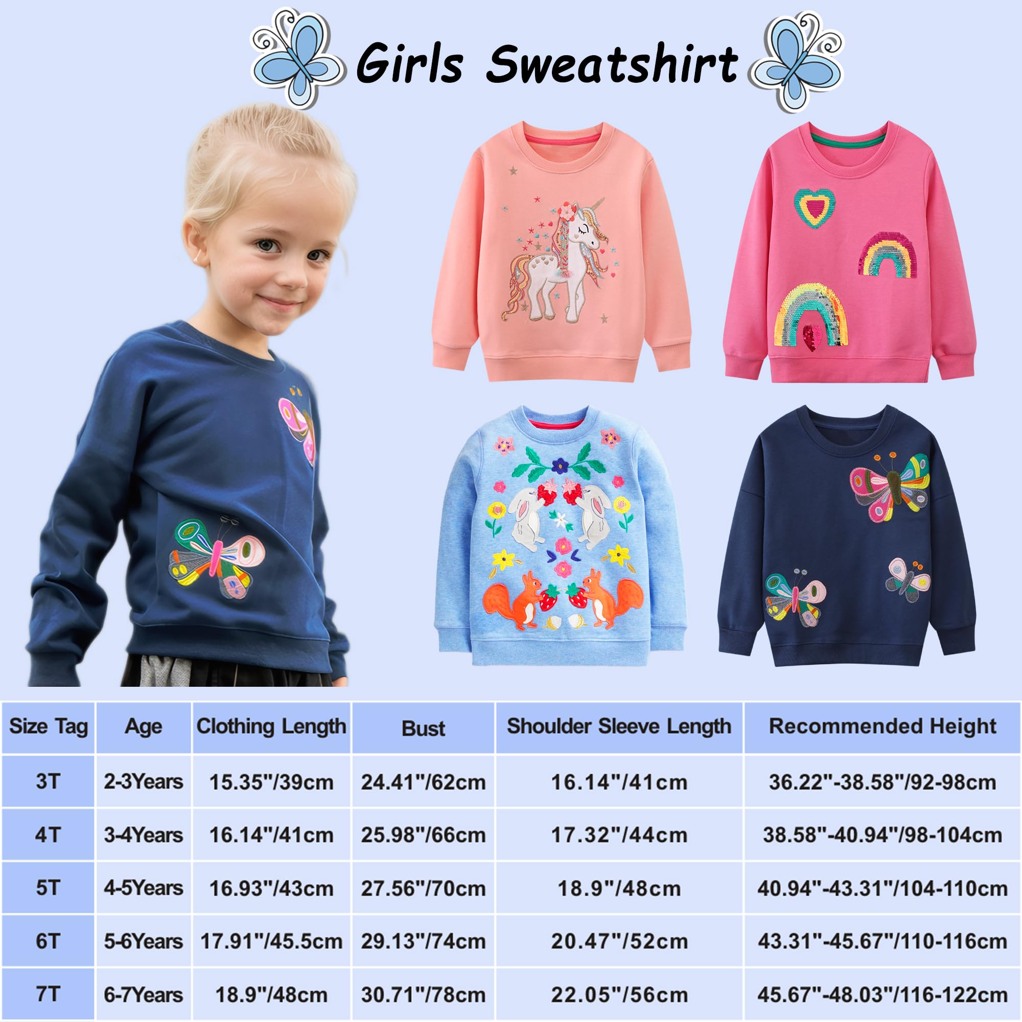 Felpe Senza Cappuccio per Ragazze Bimba Cotone Paillettes Ricamo Applique Pullover con Animale Modello Manica Lunga Maglioni Girocollo Sportive Maglia Primavera Autunno per Bambini 2-7 Anni