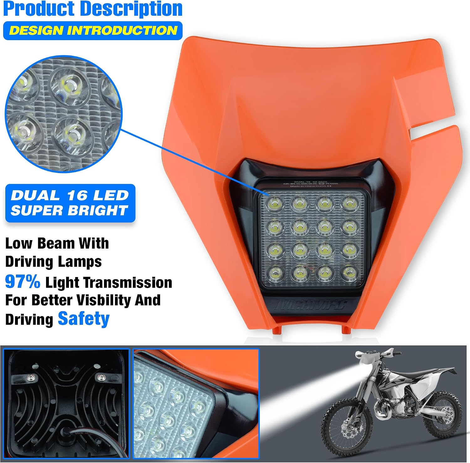 Dirt Bike Headlight,LED Enduro Pit Bike Light Kit Universal For Most Dirt Pit Bike Motorcycle EXC SXF Orange