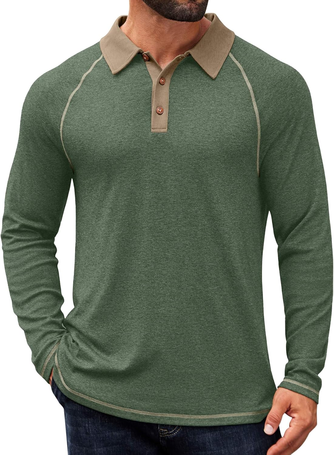 COOFANDY Mens Long Sleeve Polo Shirts Casual Button Collared Shirts Raglan Golf T Shirt