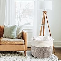 Vista 4 de Cesta de manta para sala de estar, 15.7 x 15.7 x 13.7 pulgadas, cestas de cuerda de algodón, cestas tejidas para almacenamiento, cesta de manta