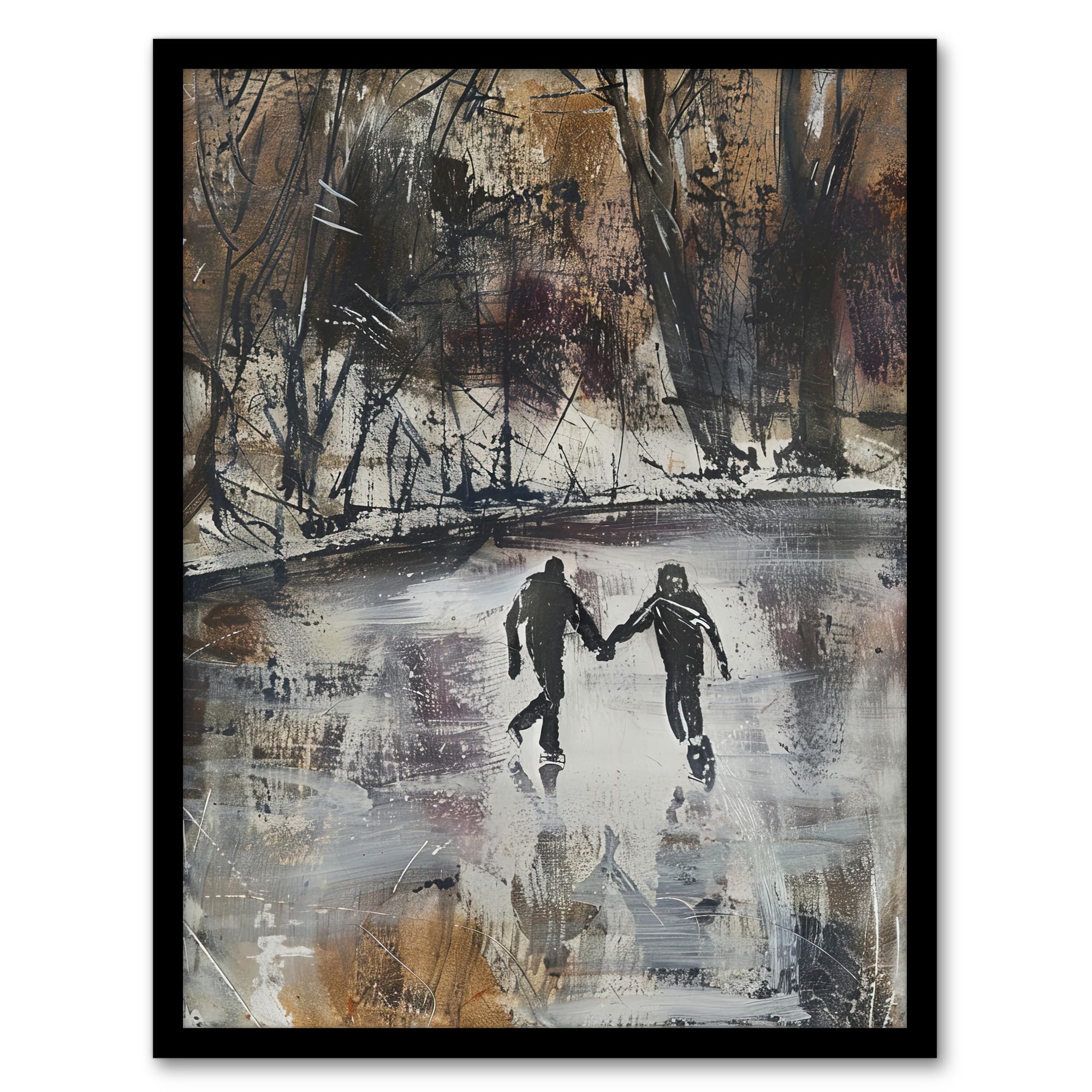 Artery8 Skaters on Frozen Lake Artwork Winter Dark Ice Living Room Artwork Framed Wall Art Print 18X24 Inch