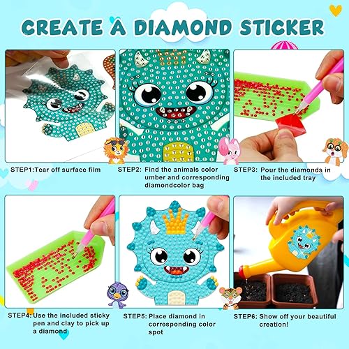 Miniatura 6 de Mczan Juego de 18 calcomanías de pintura de diamantes de animales para niños, kits de arte de gemas para artes y manualidades, kits de arte de