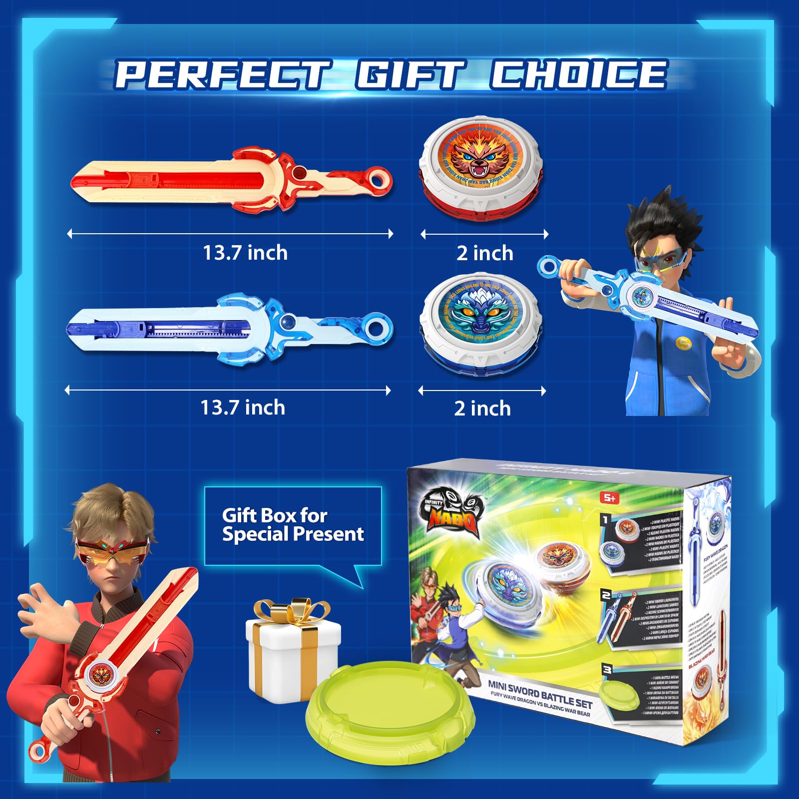 INFINITY NADO Toupies Battle Arena Set, toupie Enfants 2PCS, toupie Jouets avec Mini Lanceur d'épée, battling Tops pour Enfants garçons et Filles 5 6 7 8 9 10 11 12 Ans et Plus