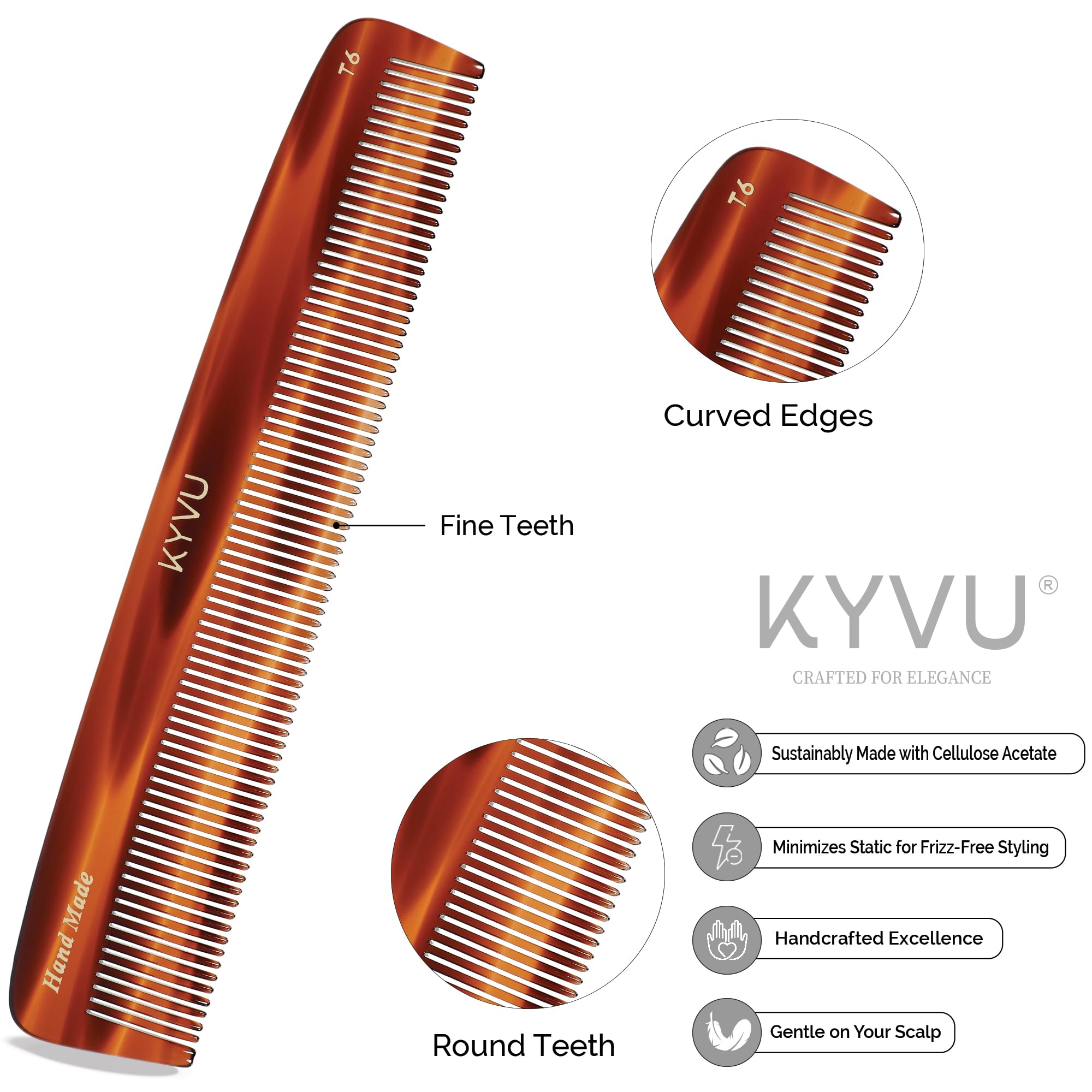 KYVU Handmade Cellulose Acetate Comb T6, 20.3 cm, FINE Teeth, Tortoiseshell Colour, Hair Styling for Men & Women - Image 3