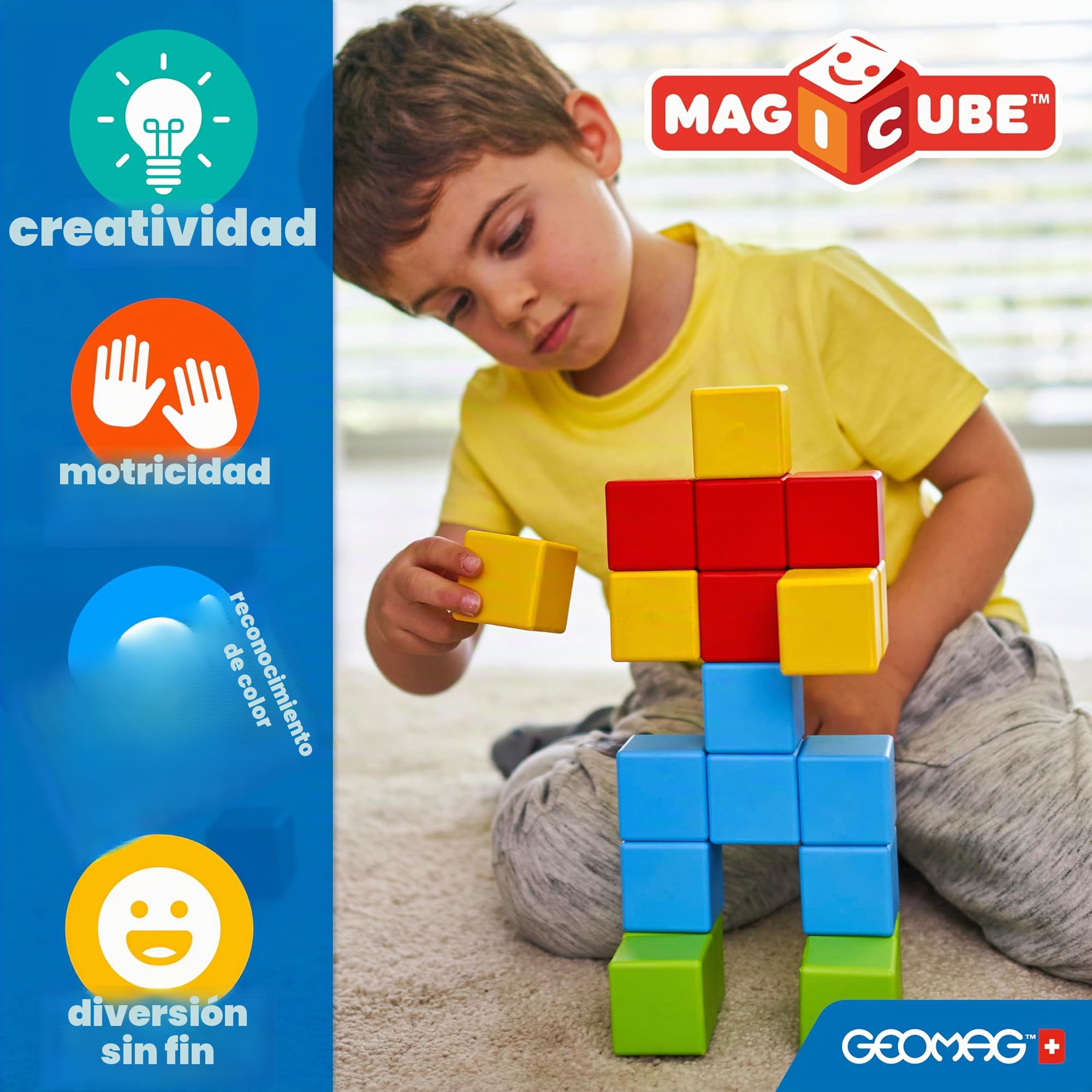 Geomag Magicube Full Color, Bloques de Construcción Magnéticos para Niños a Partir de 1 Año – Juego de 64 Bloques de 4 Colores Hechos de Plástico 100% Reciclado