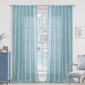 LAMIT Linen Curtains for Living Room 84 inch Length 2 Panels, Light Filtering Semi Sheer Panels Back Tab and Rod Pocket Farmhouse Drapes for Bedroom/Sliding Glass Door, Stone Blue, 52 x 84 Inch