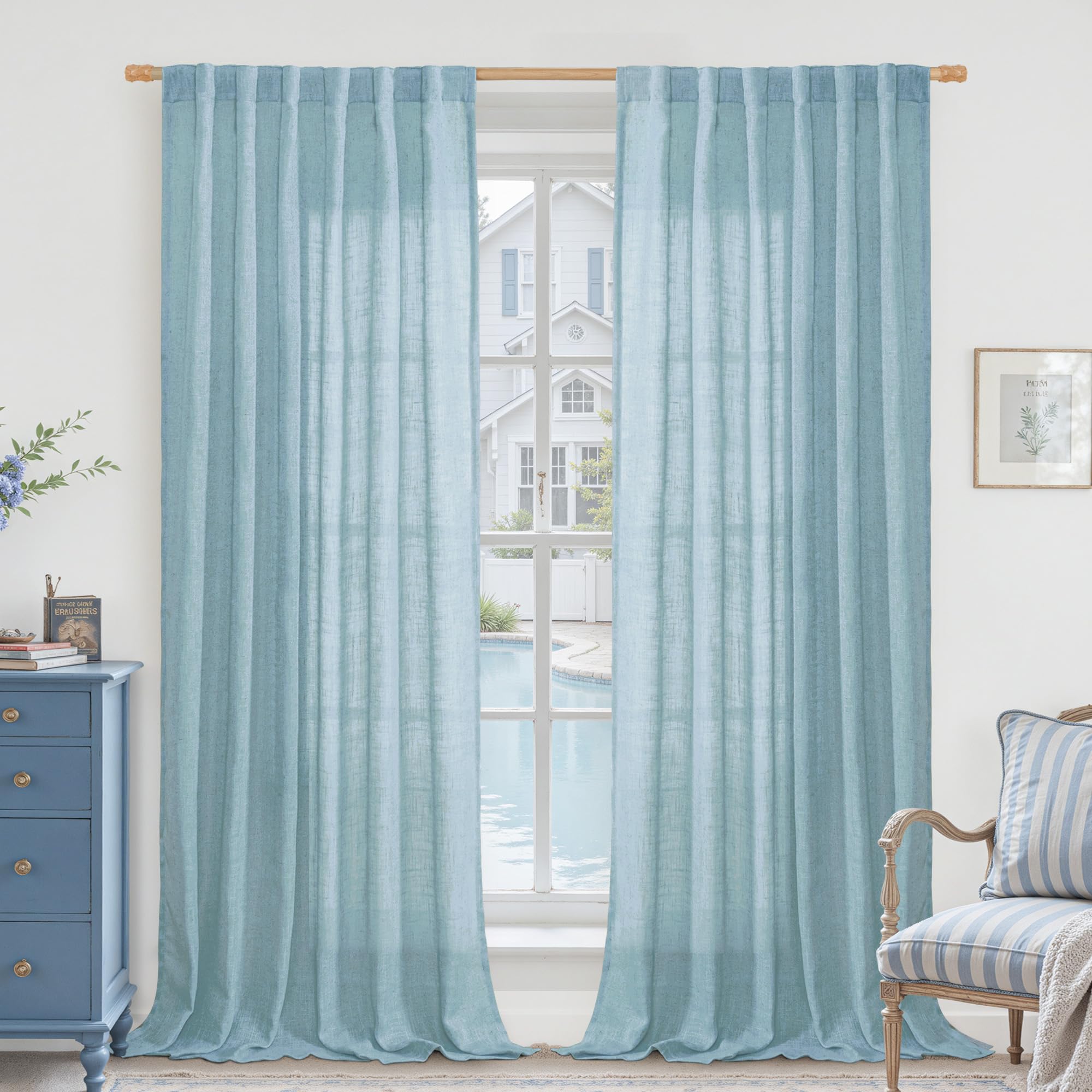 LAMIT Linen Curtains 95 Inches Long for Living Room, Back Tab and Rod Pocket Semi Sheer Panels Light Filtering Farmhouse Drapes for Bedroom/Dining Room, Stone Blue, Set of 2, 52 x 95 Inch โ image 1