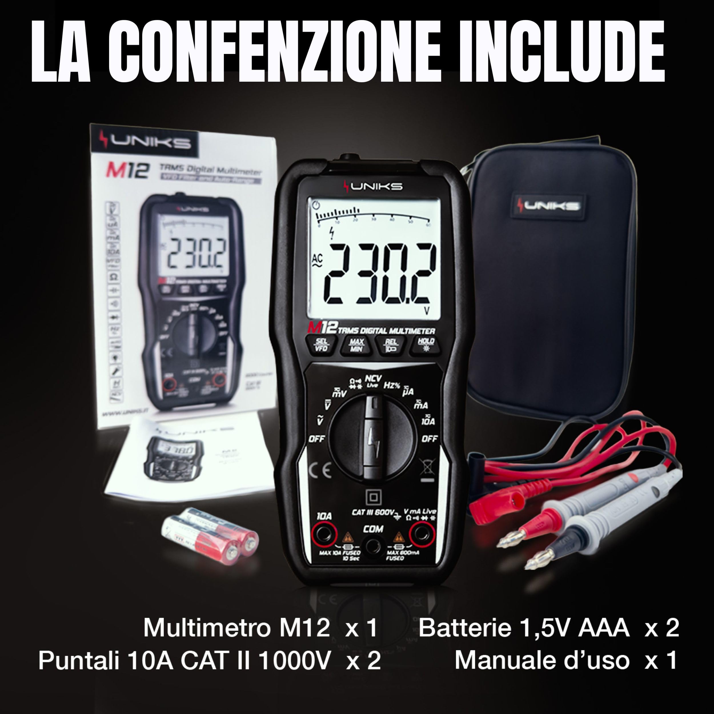 UNIKS - Multimetro Digitale Professionale TRMS - Multimetro M12 6000 Conteggi - Tester Digitale Display LCD e Luce LED - Tester Professionale Rilevamento NCV Senza Contatto e Filtro Passa Basso