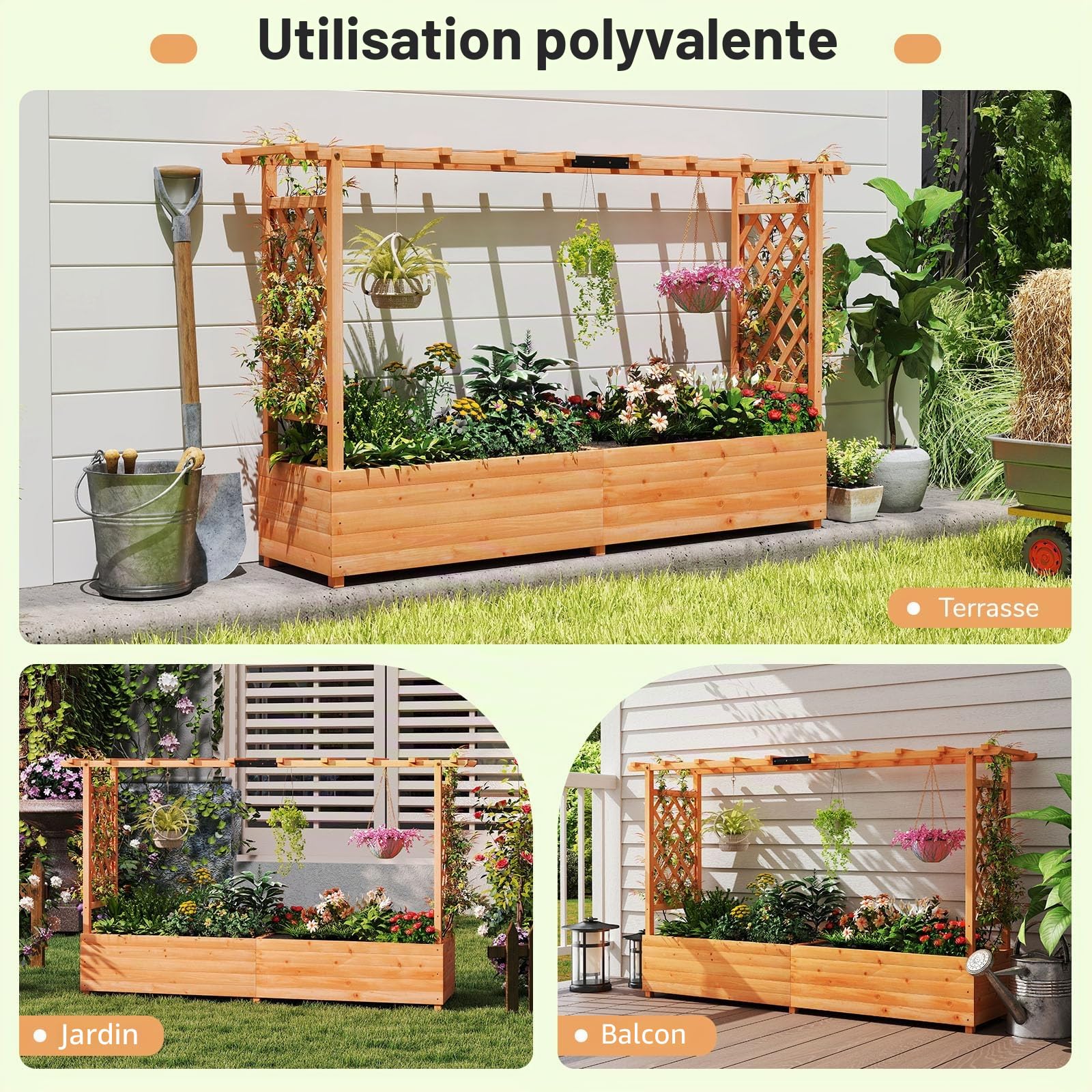 SOARS Jardinière surélevée avec treillis - 200 x 44 x 114 cm - Jardinière avec treillis et toit - Jardinière avec tuteur - Jardinière surélevée pour jardin, balcon, bois, pour fleurs, plantes