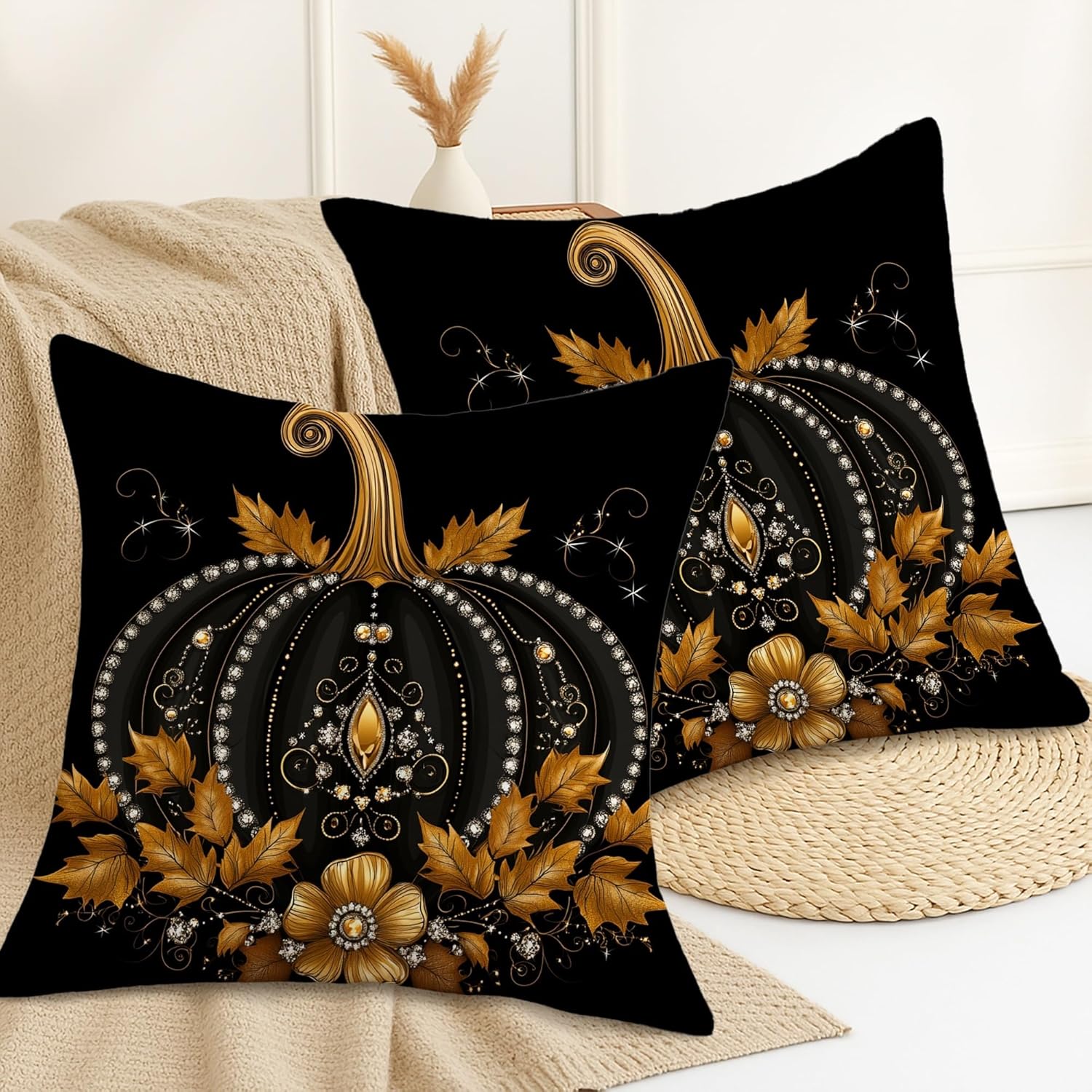 Elegant Halloween Pumpkin Throw Pillow Covers Set of 2, Black and Gold Decorative Cushion Covers for Fall Harvest Home Decor, Perfect for Sofa Couch Bed 26x26 Inch