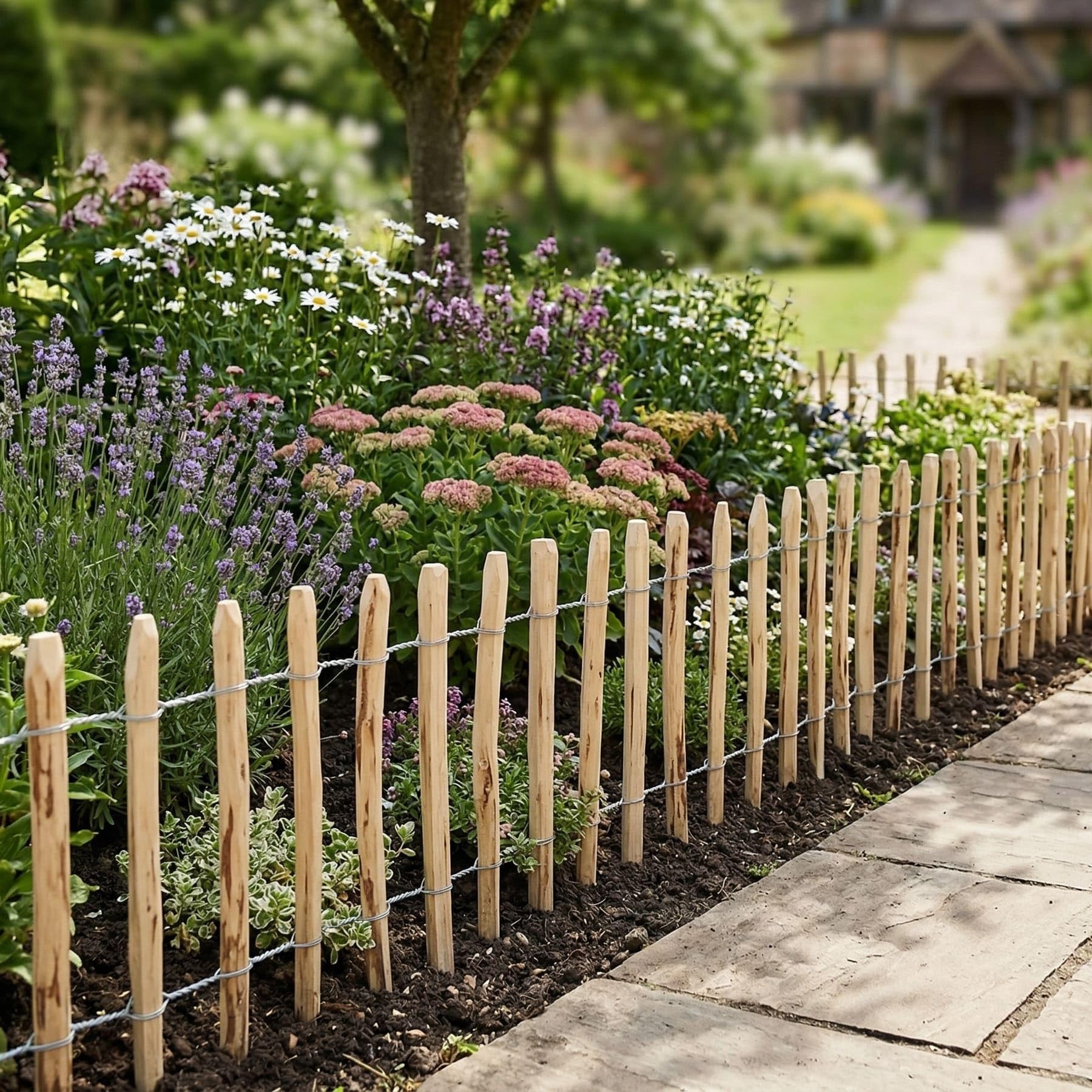 Beeteinfassung Haselnuss aus Holz mit Metall, 5 m lang, Rasenkante, Beetzaun, Beeteinfassung, Beetumrandung, Zierzaun, Staketenzaun, Zierzaun, Gartenzaun zum Stecken, Steckzaun