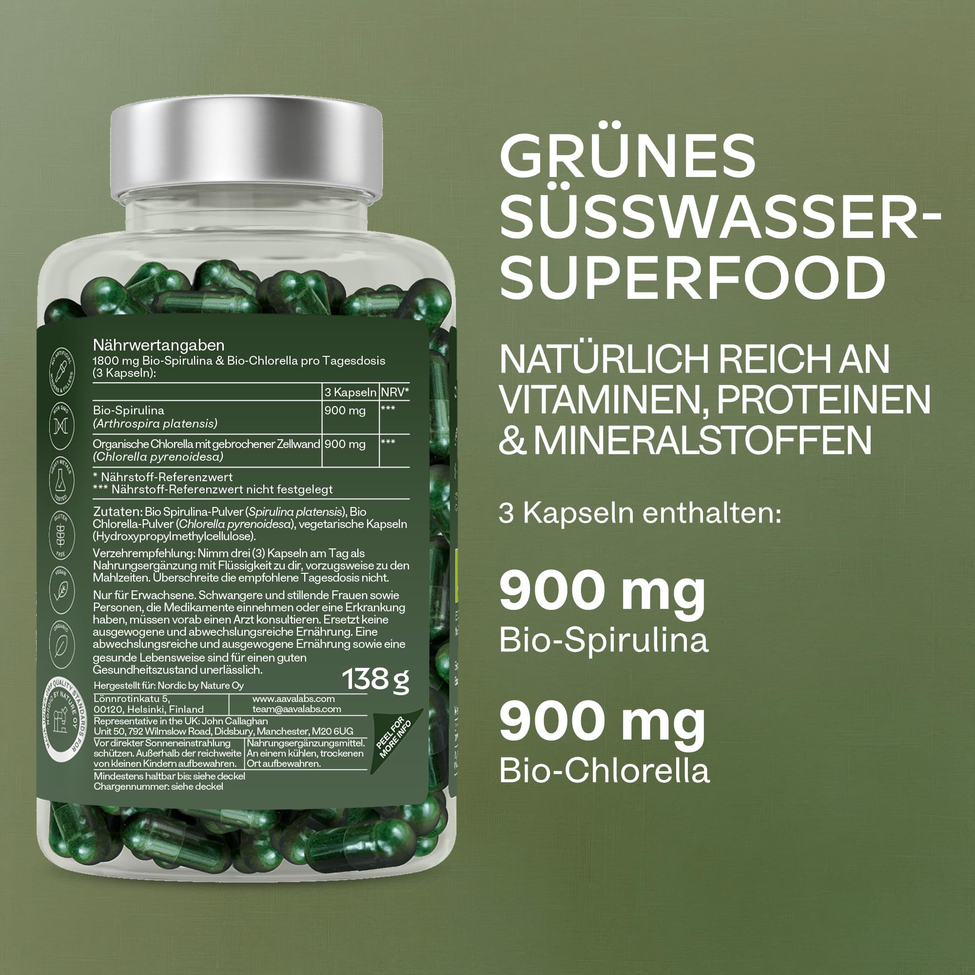 Bio Spirulina Chlorella Algen Kapseln [1800mg pro Dosis] - 200 Spirulina Pulver und Chlorella Pulver Kapseln Hochdosiert, 100% Vegan und Glutenfrei
