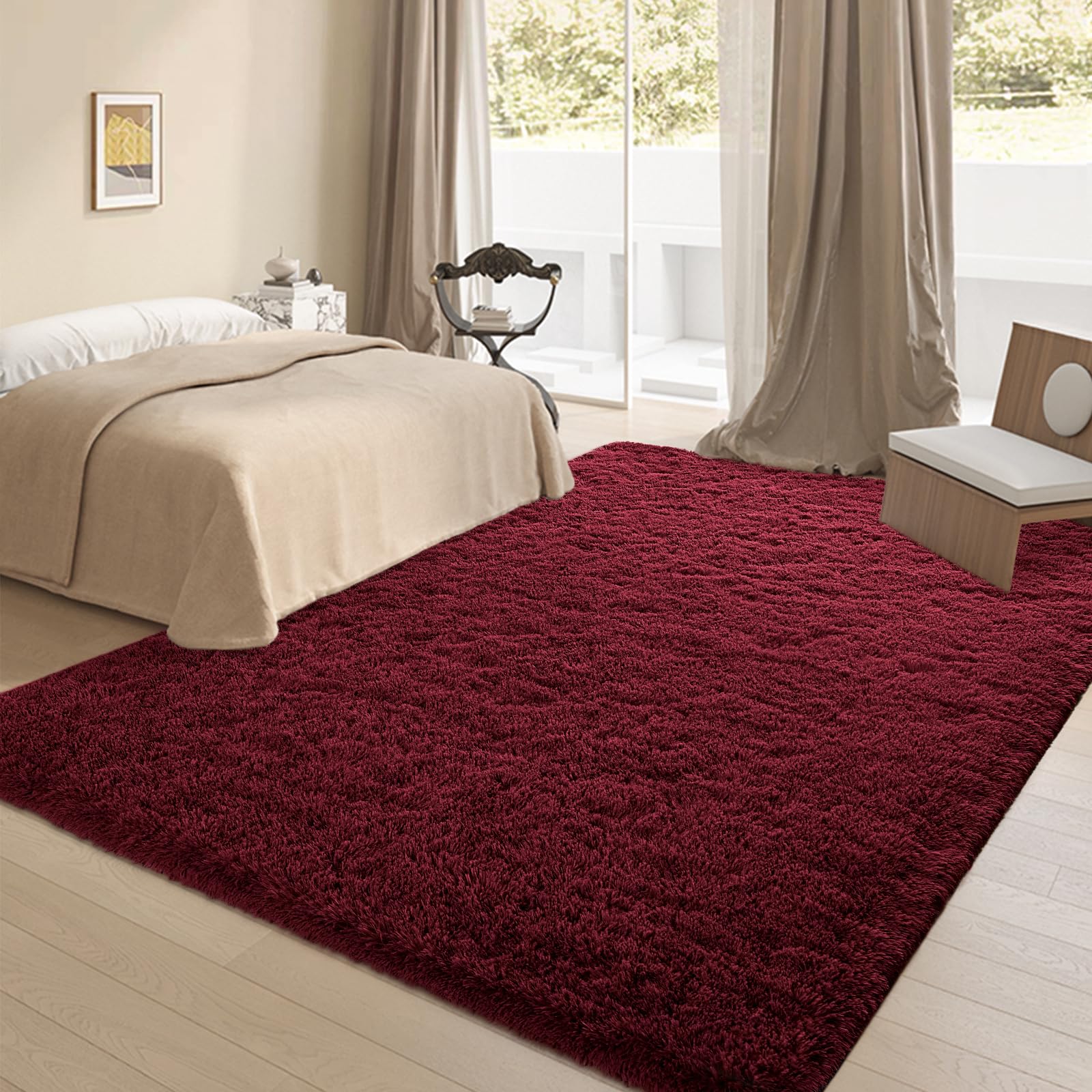 Alfombras mullidas de color rojo burdeos para dormitorio, alfombra de área de color rojo oscuro para niños y niñas, alfombra de suelo suave y lanuda para el cuarto del bebé, alfombras 5