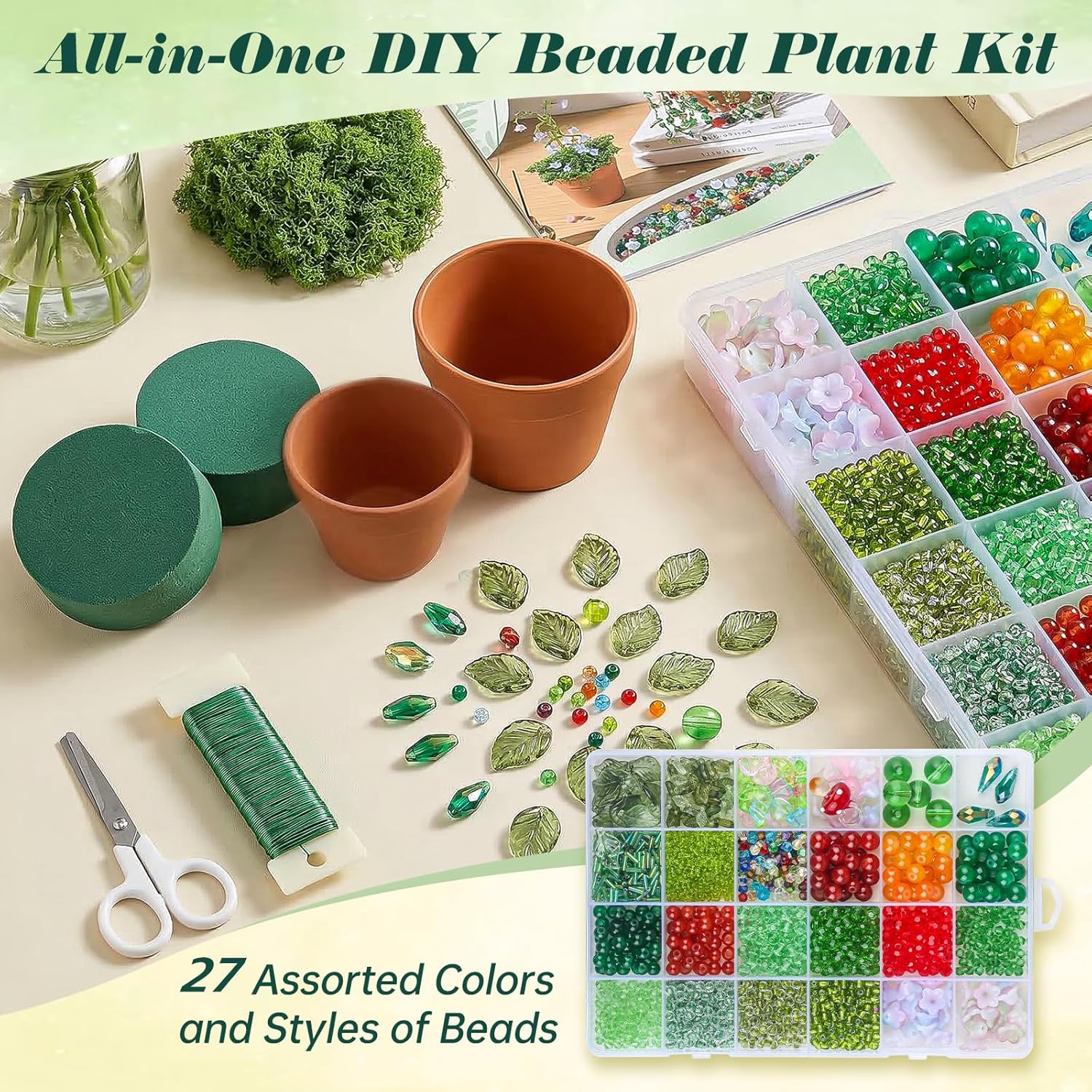 Ecoofor Green Beads Beaded Plant Kit 2576Pcs DIY Kit, Green Glass & Crystal Leaf Beads, Video Tutorials, Desk Gifts, Handmade Gifts for Plant Lovers, Beaded Plant kit