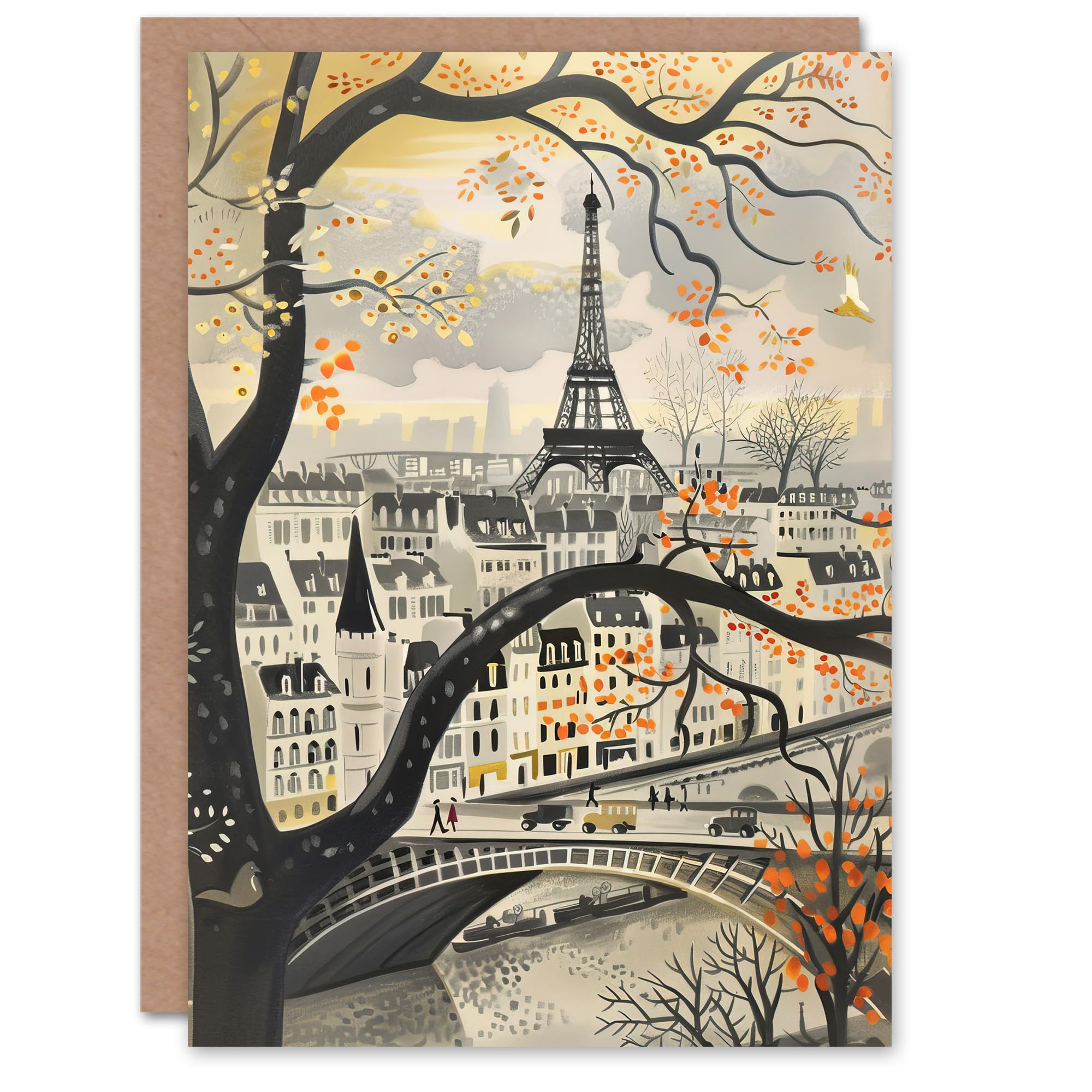 Greeting Card Vintage Autumn in Paris Cityscape Eiffel Tower Blank Birthday