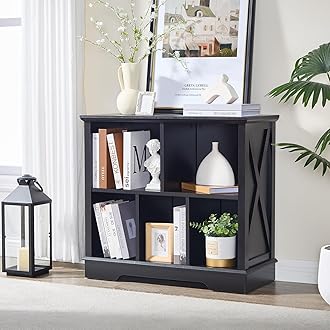Farmhouse 5 Cube Bookshelf, Black Storage Organizer Bookcase, Kids Toy Storage Cabinet, Small Bookshelves Storage Organizer Shelf, Wood Display Cabinet Book Shelves for Bedroom,Living Room,Office