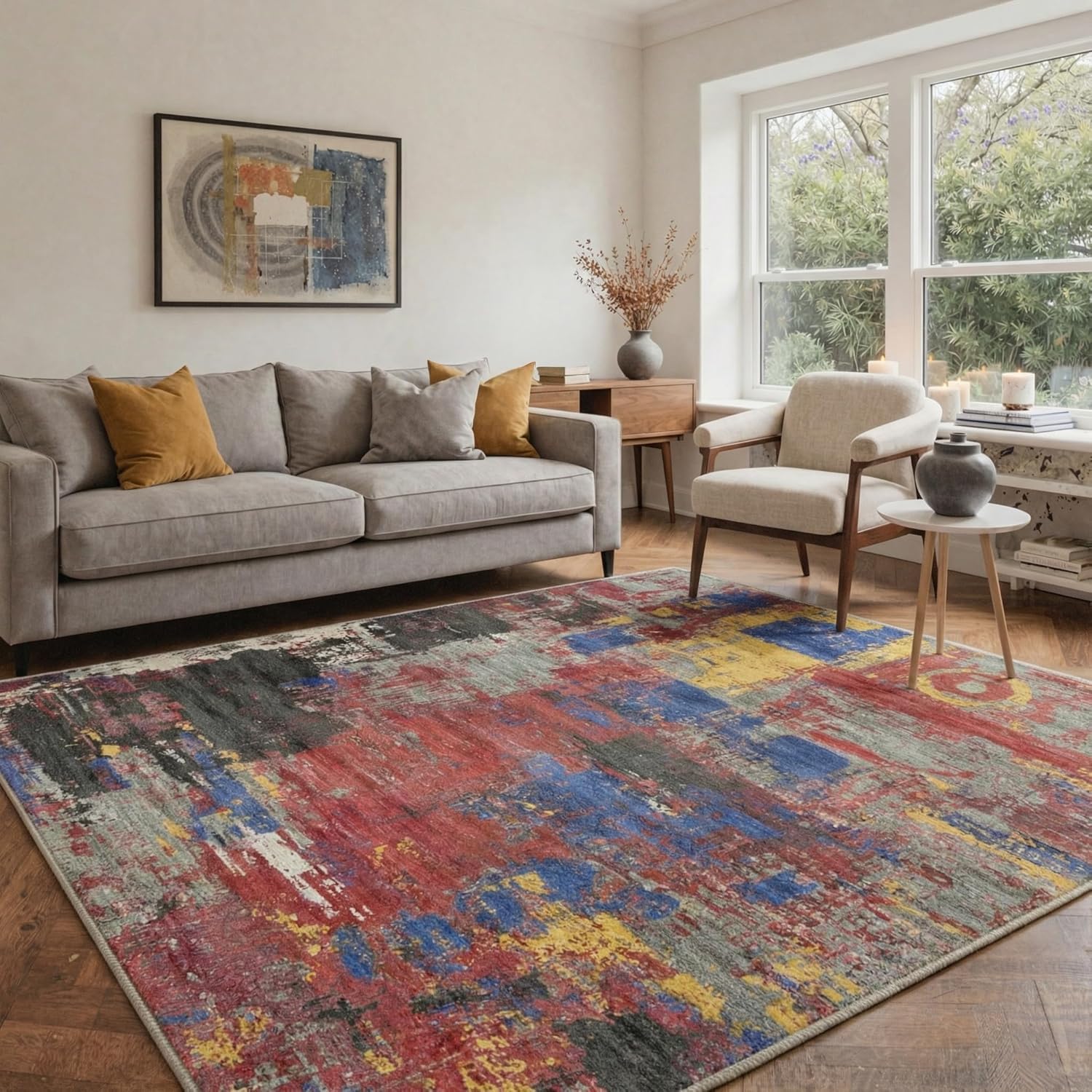 Tapis grand salon abstrait bleu et rouge lavable pour une maison moderne