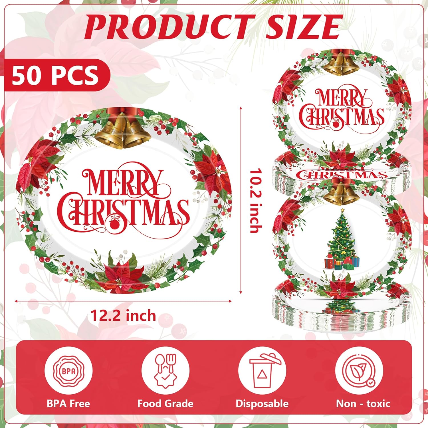 QZYL 50 PCS Oval Christmas Paper Plates, 12.2" x 10.2" Disposable Xmas Trees Paper Plates, Holly Leaf Platters Christmas Party Decorations, Tableware Set for Holiday Family New Year Party Dinnerware