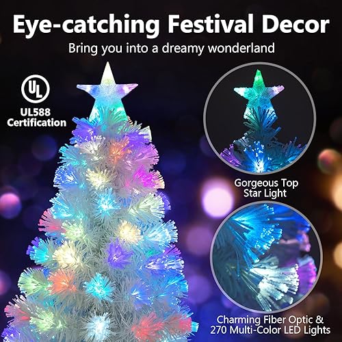 Miniatura 5 de HAPPYGRILL Árbol de Navidad de fibra óptica preiluminado de 7 pies, árbol de Navidad artificial blanco con 270 puntas de rama, 270 luces LED