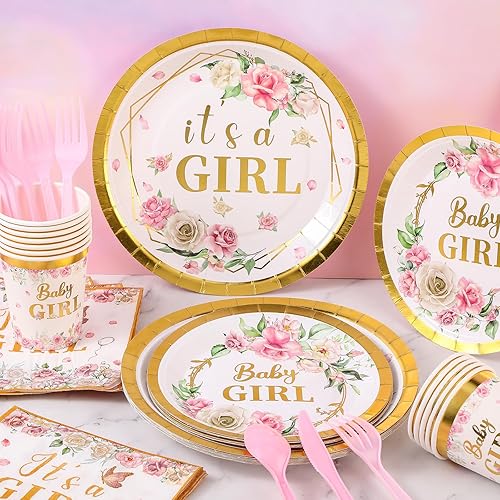 Miniatura 2 de 172 piezas de suministros para fiesta de baby shower, juego de vajilla para bebé, sirve 24 con platos, servilletas, telón de fondo, manteles