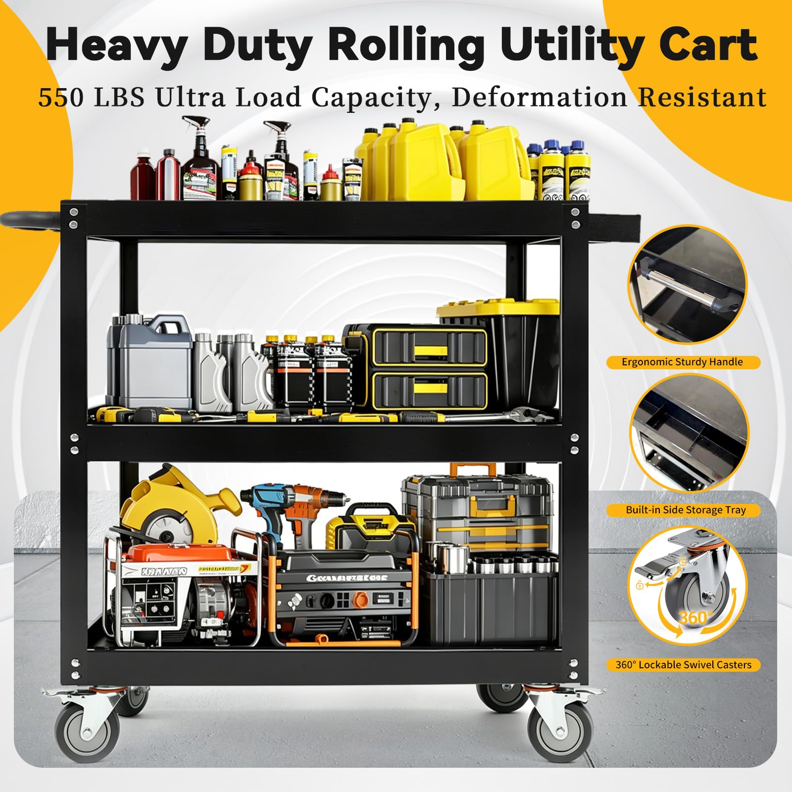 Carrello portautensili a 3 livelli extra-large per carichi pesanti, 217,7 kg, con ruote girevoli (77,5 x 48,5 x 88 cm), telaio in acciaio ispessito, carrello di servizio industriale per magazzini