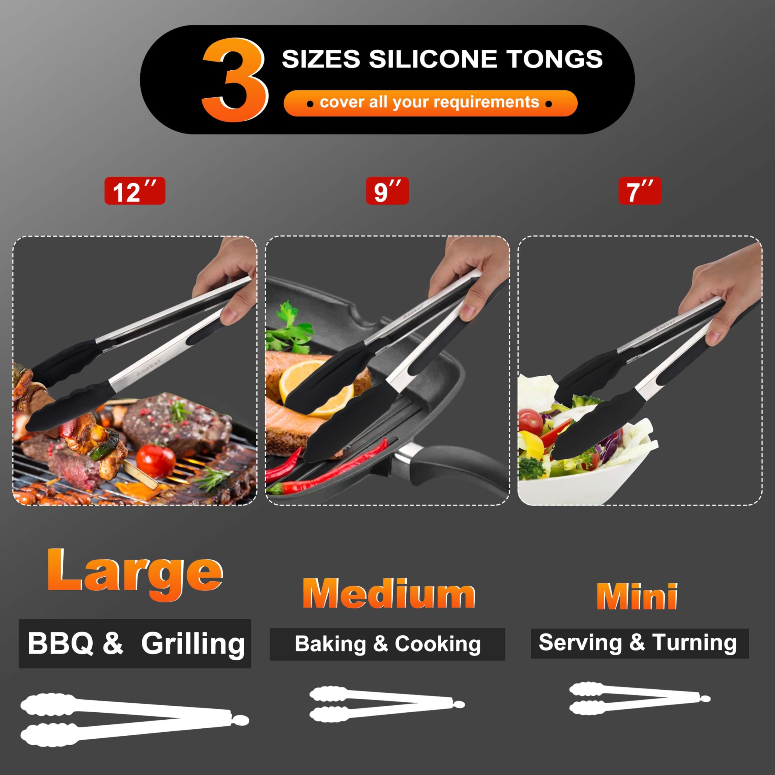 Anaeat Antypoślizgowe silikonowe szczypce blokujące, zestaw 3 szt., stal nierdzewna, 18 cm, 23 cm, 30 cm, kuchenne szczypce do żywności z antypoślizgowymi silikonowymi końcówkami i uchwytem do gotowania, pieczenia i grillowania - odporne na wysokie temper
